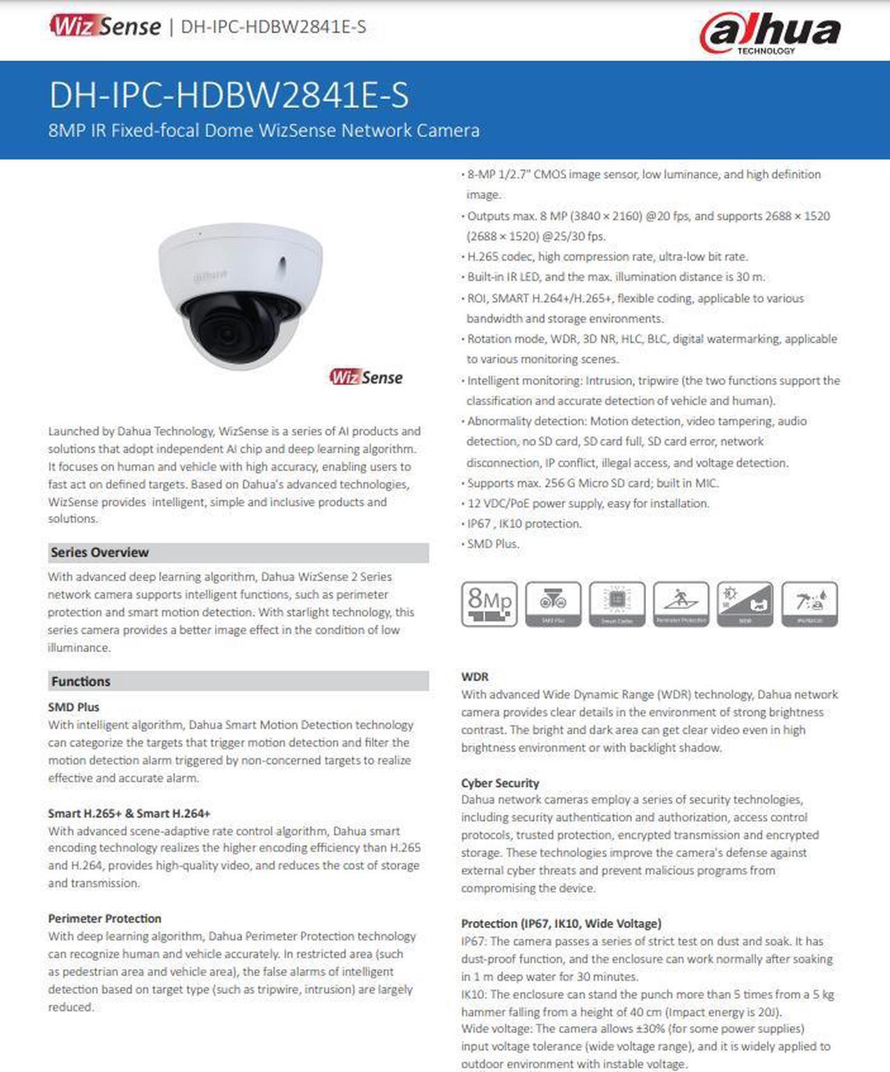 Alt view image 3 of 6 - IPC-HDBW2841E-S 8MP IP Dome Camera Starlight IR30m WDR IVS H.265+ PoE MIC