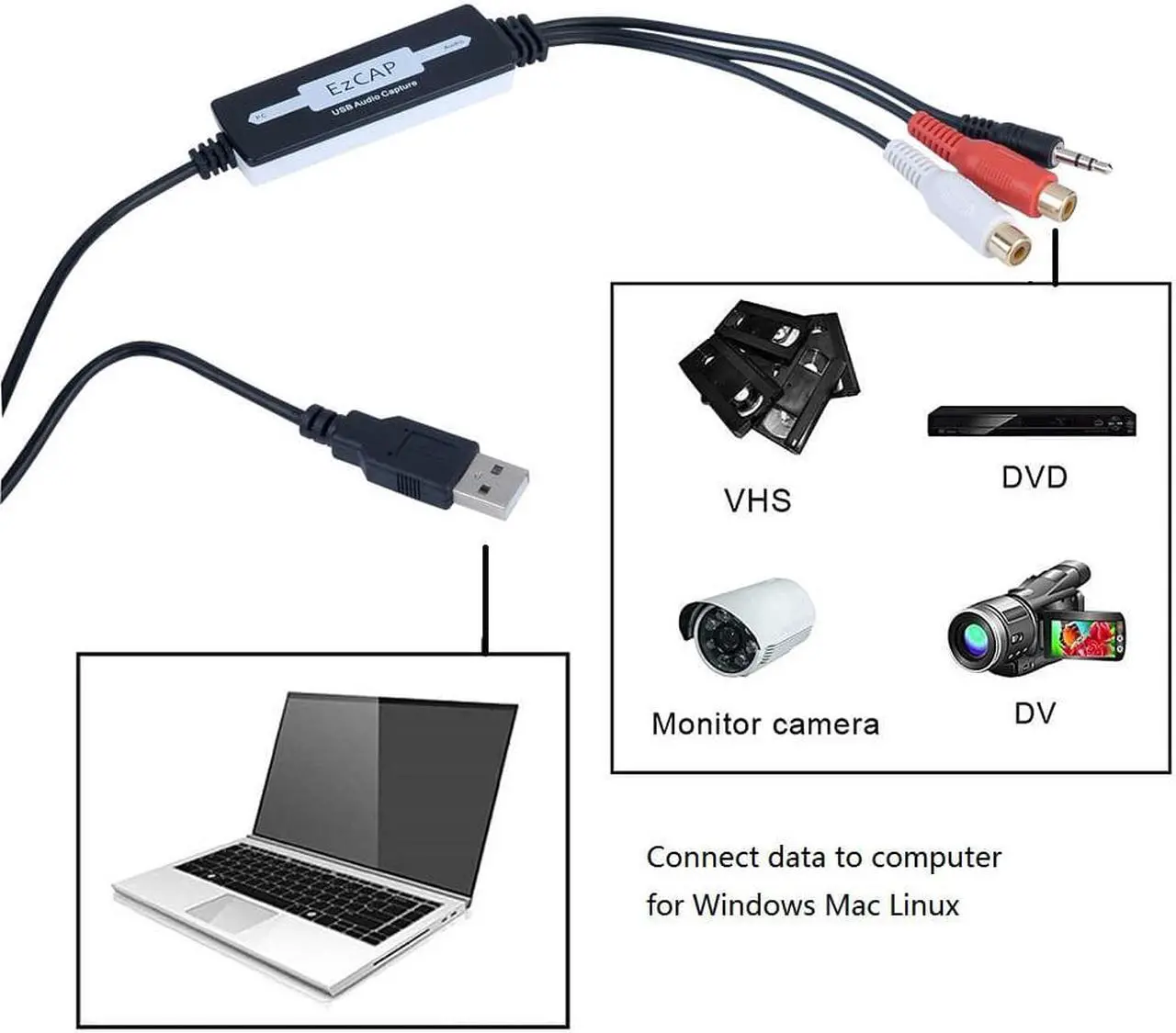 Alt view image 2 of 4 - usb2.0 audio digitizer, record audio From cassette , VCR's,tape, walkman, Camcorders, Hi8 to digital MP3 format Wins MAC linux