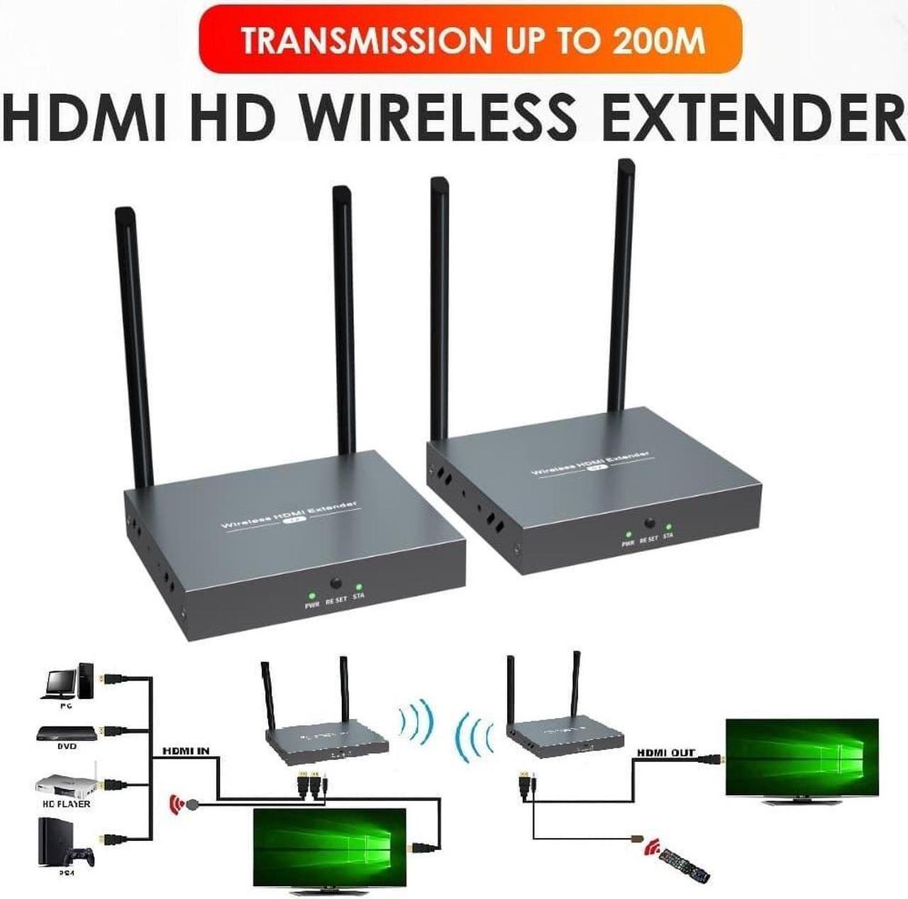 Main image of Up to 656Ft, H.264 Wireless HDMI Video Extender with Local Pass-through 1080P@60Hz HDMI Loop-out Transmitter Receiver Kit 200m Extension with IR remote