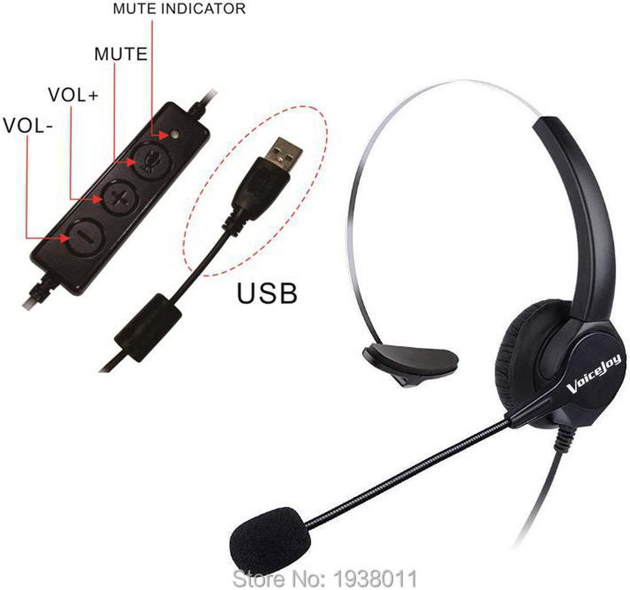 Call Center Noise Cancelling Corded Monaural Headset Headphone with Mic Mircrophone with USB Plug, Volume Control and Mute