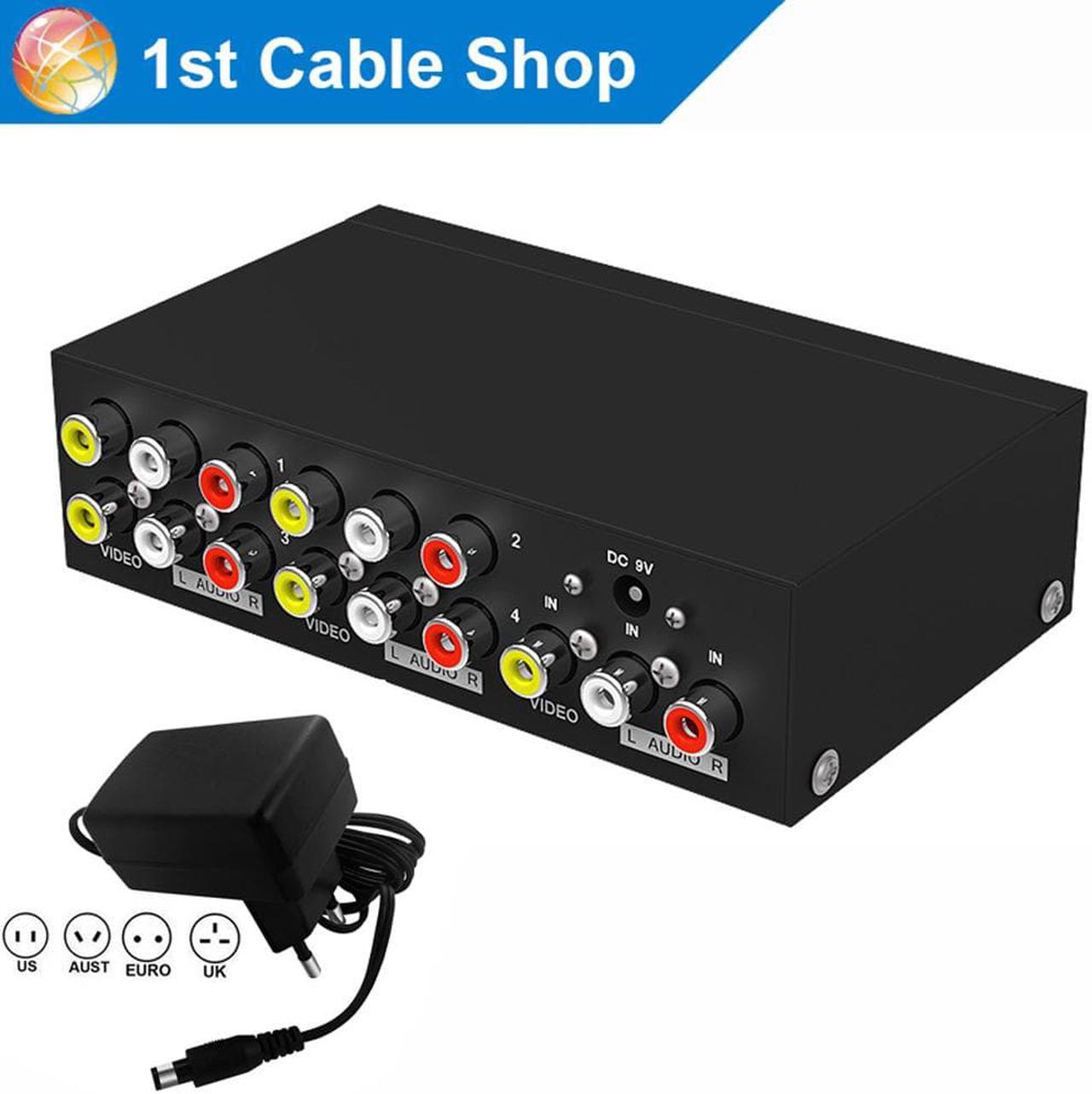 1Pcs 4 port RCA audio video AV splitter distributor 1 input to 4 output with power adapter