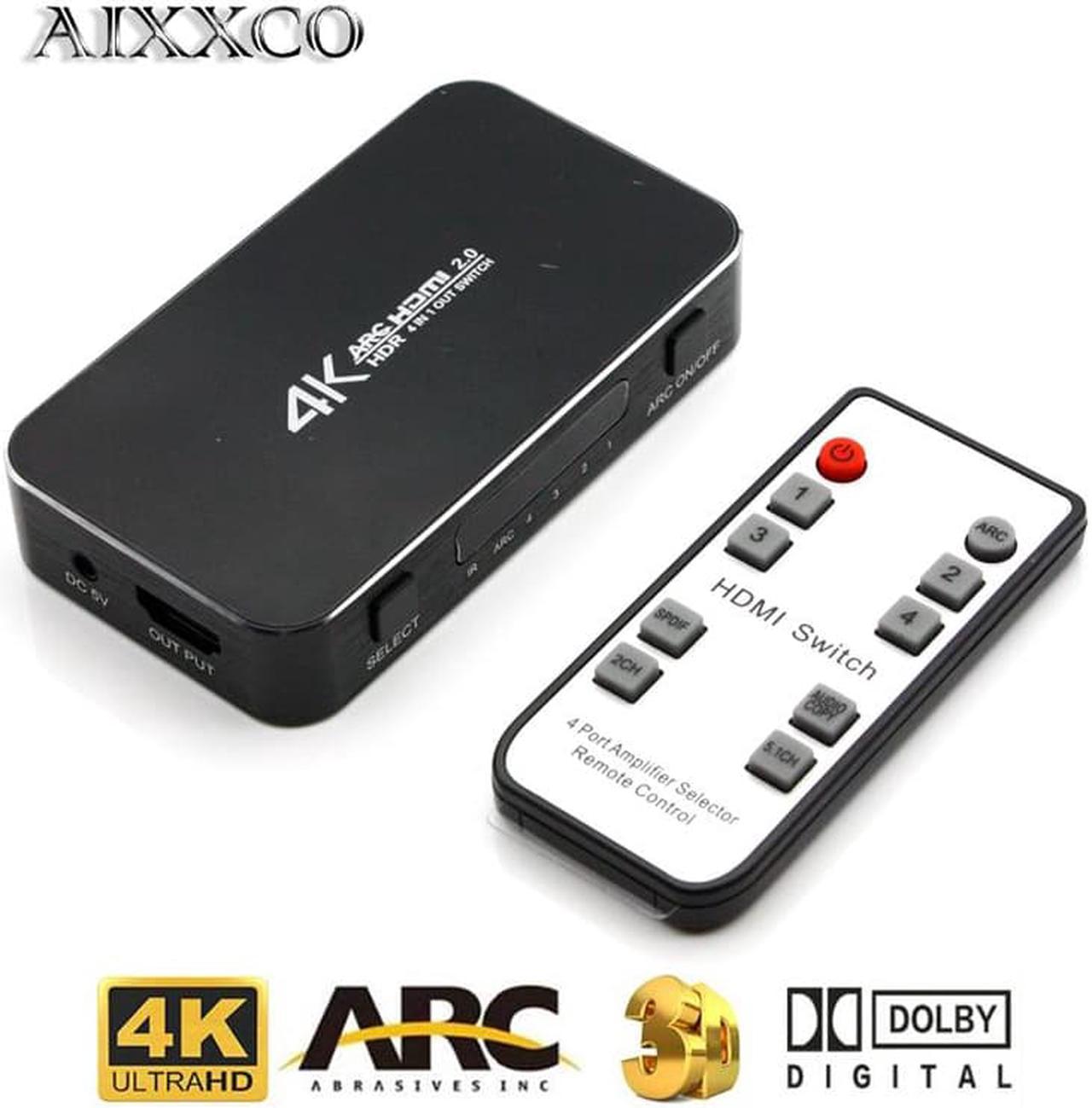 1Pcs AIXXCO UHD HDMI Switch 2.0 4K HDR 4x1 Adapter Switcher with Audio Extractor 3.5 jack optical fiber cable ARC splitter for HDTV