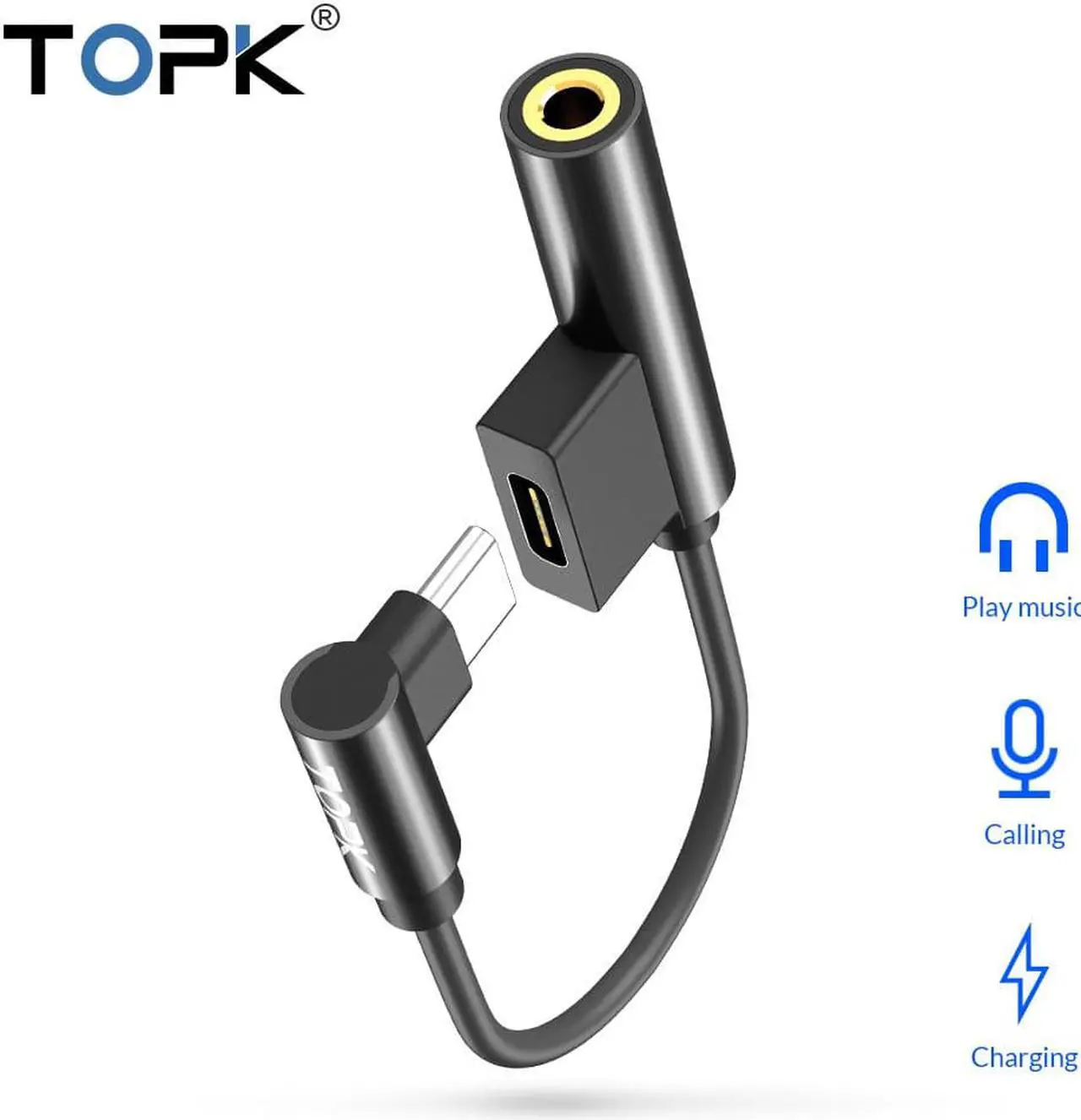 Main image of 1Pcs TOPK 2 in 1 Splitter Headphone USB Type C to 3.5mm Aux Audio Jack Adapter USB C Cable for Xiaomi Redmi Note 7 Huawei Samsung