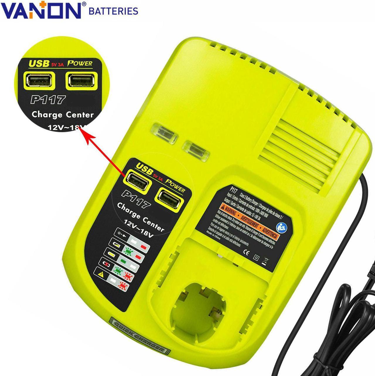 Main image of P117 18V One+ Dual Chemistry Fast Battery Charger P118 for Ryobi 12V-18V Lithium & Ni-Cd & Ni-Mh P100 P102 P104 P105 P107 P108 P101 with 2 USB Ports