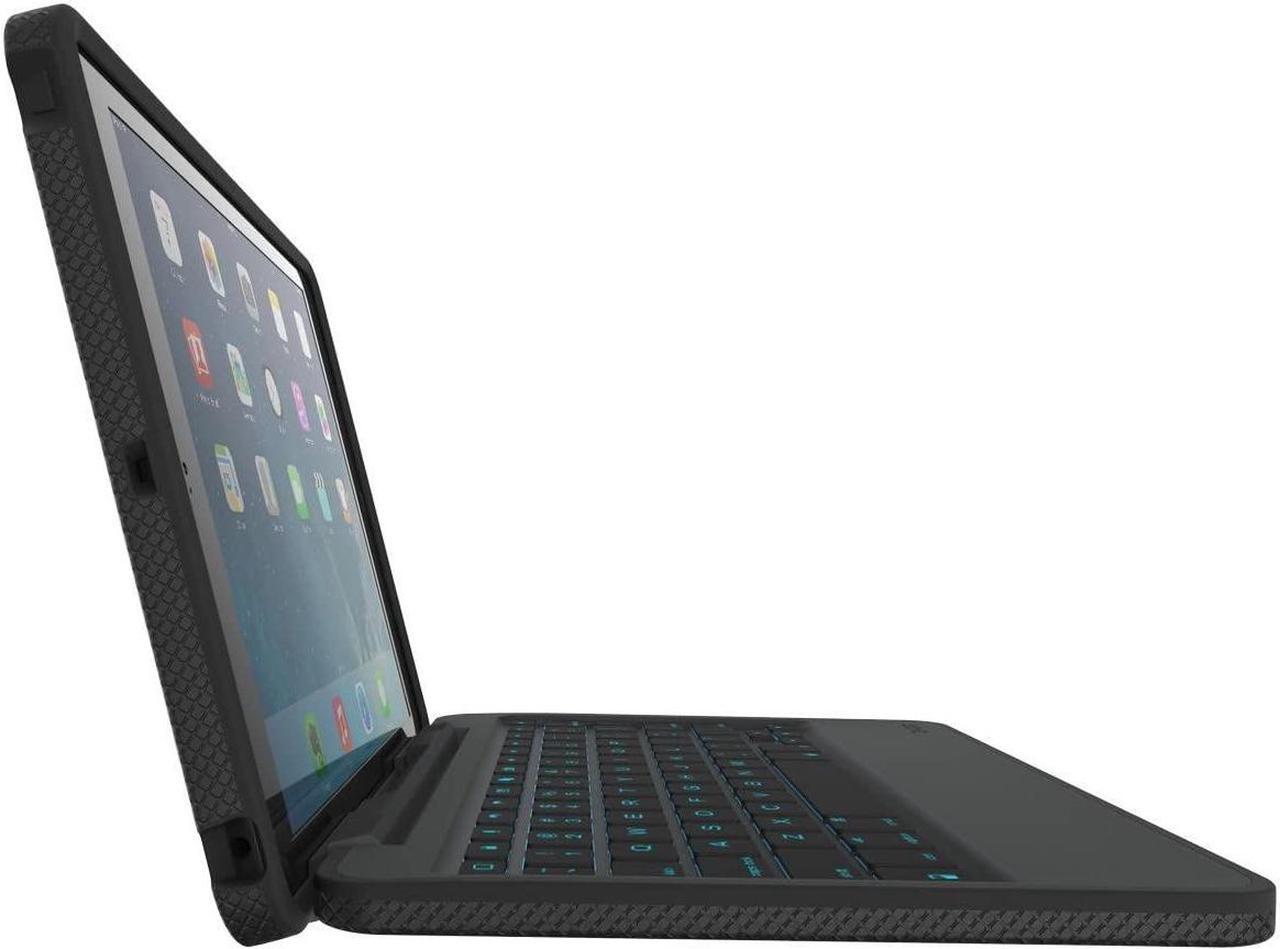 Alt view image 6 of 7 - ZAGG Rugged Book Case Durable Hinged with Detachable Backlit Keyboard for iPad Air 2 - Black (ID6RGK-BB0)
