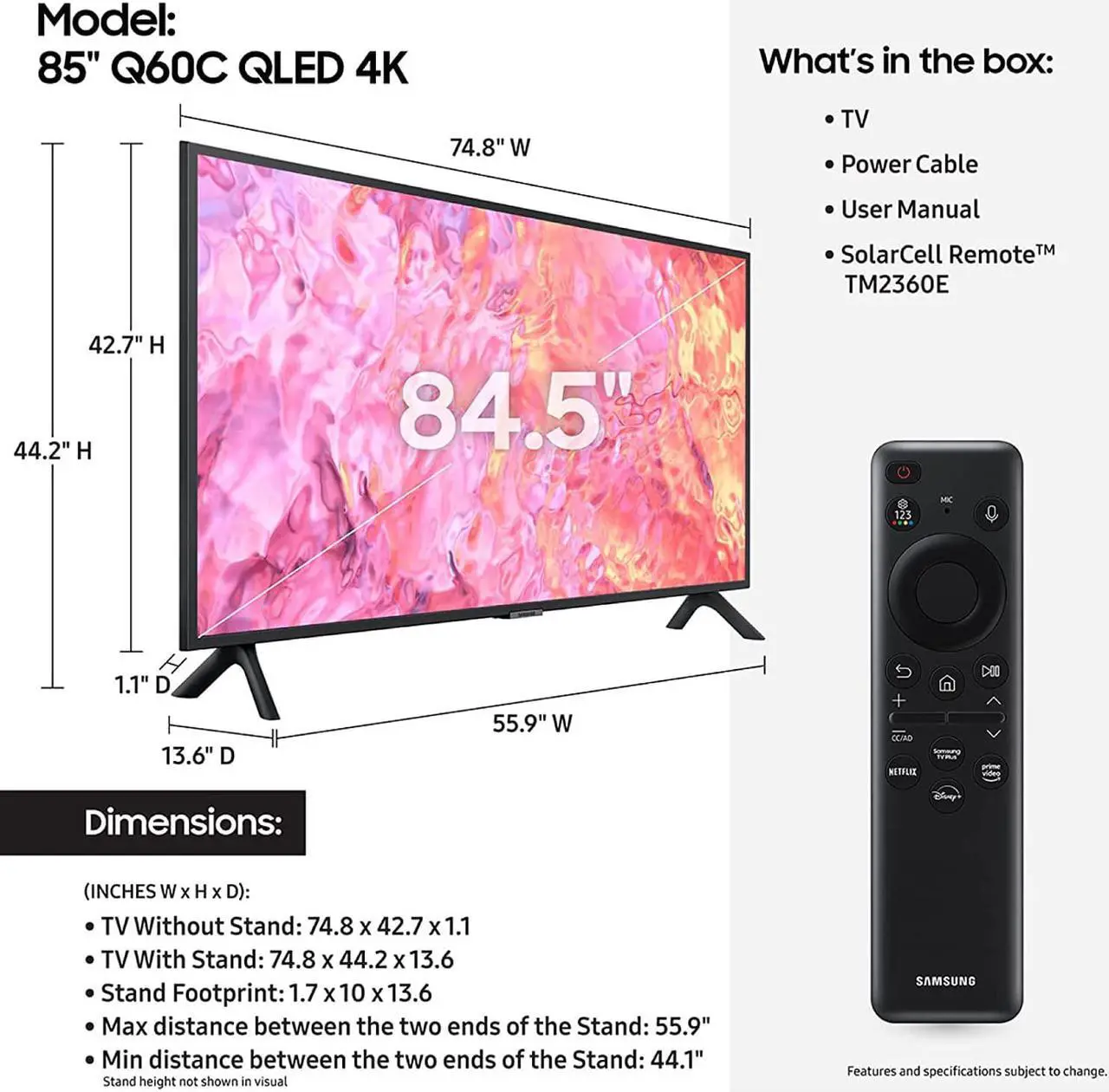 Alt view image 2 of 6 - SAMSUNG QN85Q60CAF 85-Inch Class QLED 4K Q60C Series Quantum HDR, Dual LED, Object Tracking Sound Lite, Q-Symphony, Motion Xcelerator, Gaming Hub, Smart TV with Alexa Built-in (QN85Q60CAF, 2023 Model)