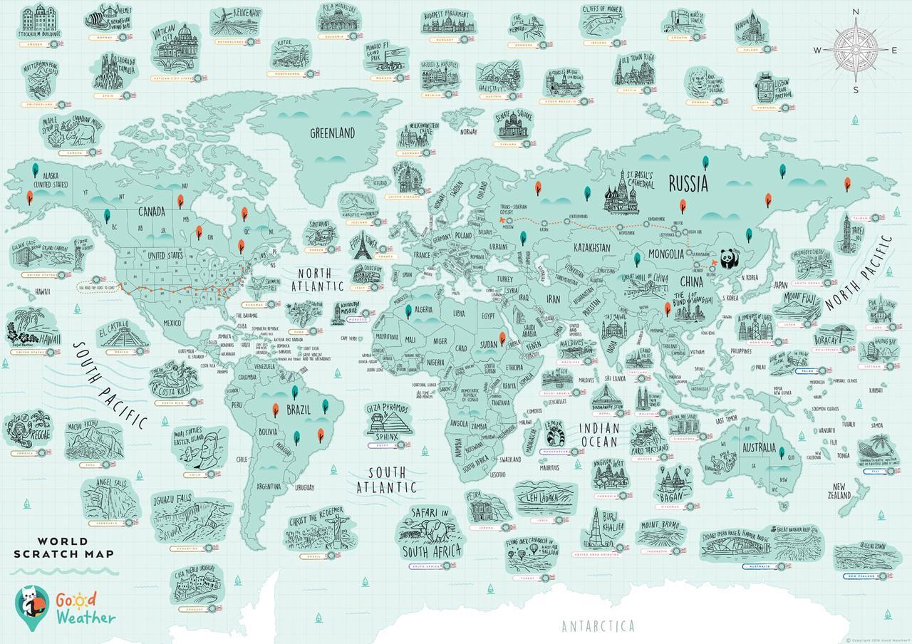 Alt view image 2 of 4 - Good Weather Premium Unique Design WORLD Scratch Off Travel Map - Perfect Traveler's Gift + FREE Scratch Pen.  Scratch off places you travel. 27.5 x 20 inches
