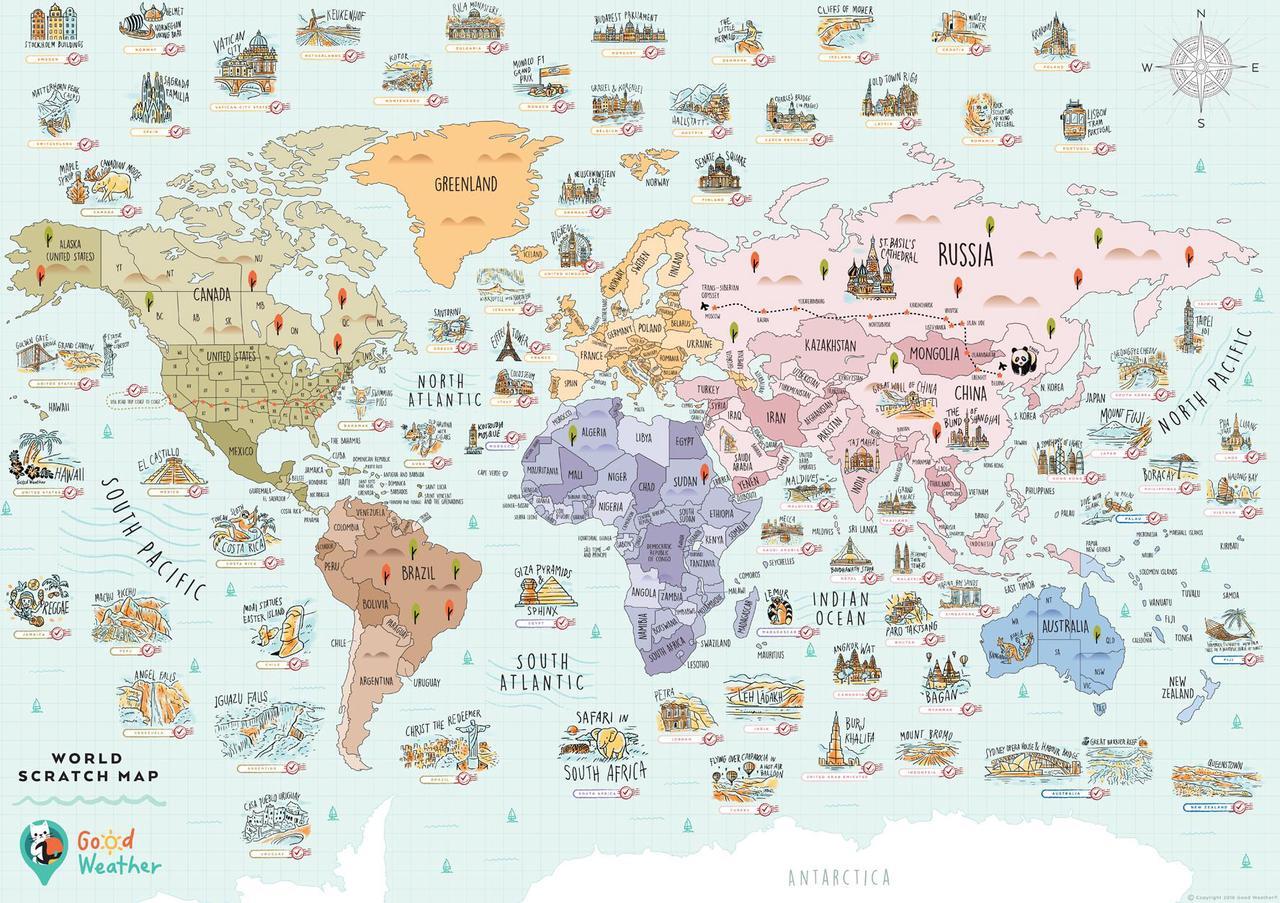 Main image of Good Weather Premium Unique Design WORLD Scratch Off Travel Map - Perfect Traveler's Gift + FREE Scratch Pen.  Scratch off places you travel. 27.5 x 20 inches