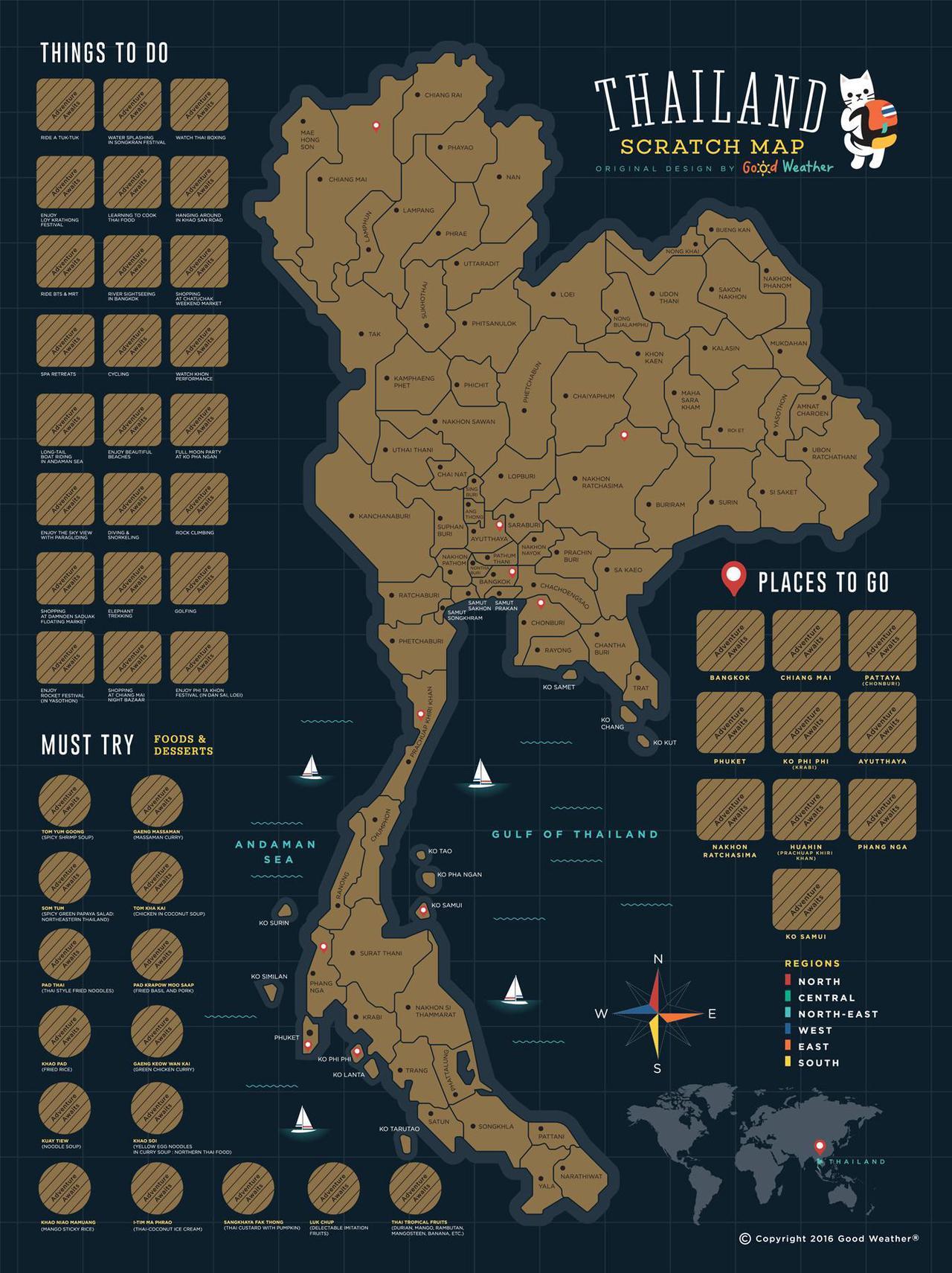 Alt view image 2 of 5 - Good Weather Premium Unique Design Thailand Scratch Off Travel Map - Perfect Traveler's Gift + FREE Scratch Pen.  Scratch off places you travel. 15.75 x 11.81 inches