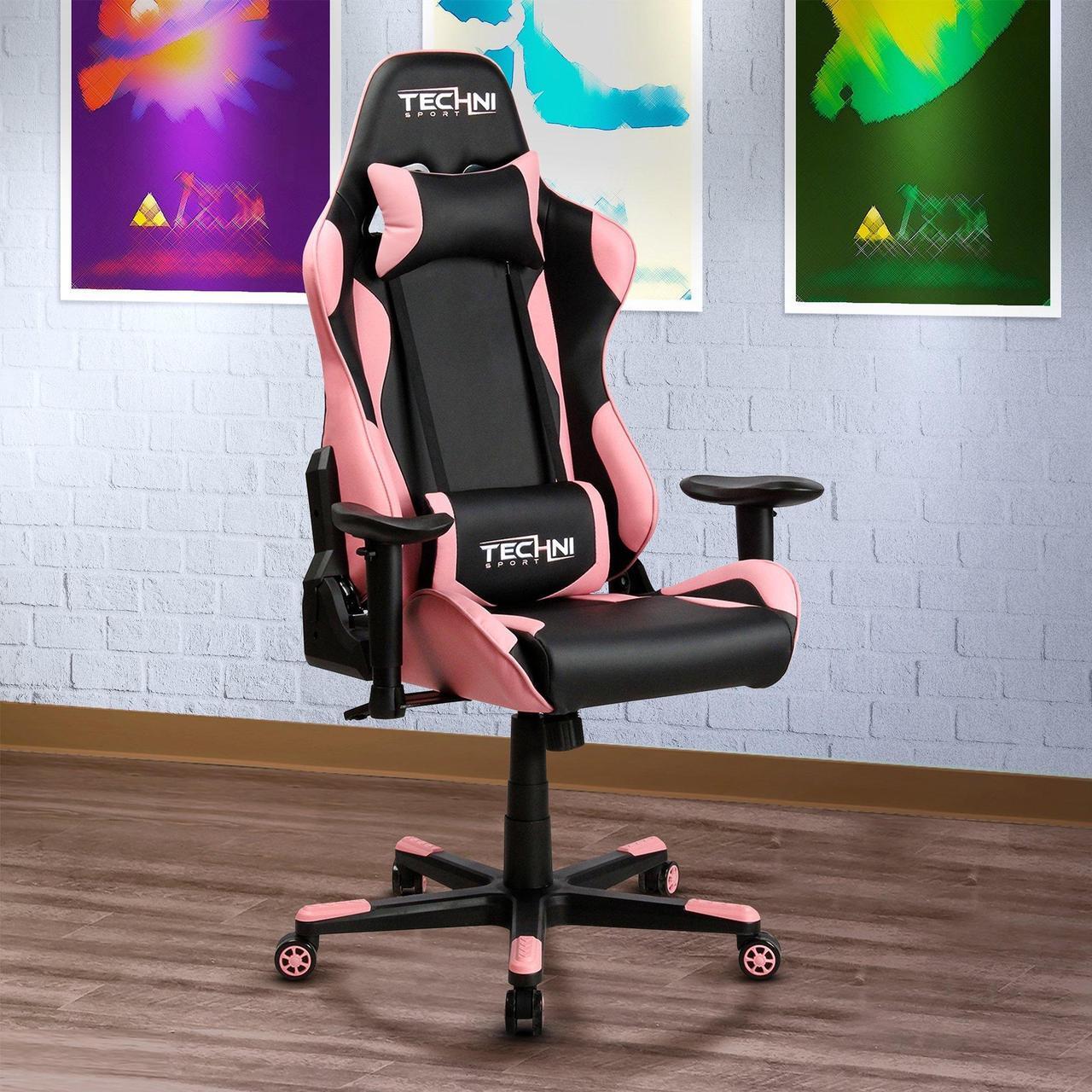 Alt view image 15 of 20 - Techni Sport TS43 High Back Racing Chair with Padded Arms, PC Gaming Chair with Height and Tilt Adjustment, Pink