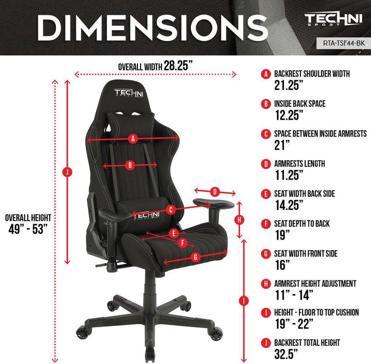 Alt view image 7 of 20 - Gaming Chair - Techni Sport TS-F44 - BLACK Fabric Ergonomic High Back Racer Style PC / Console Video Gaming / Study
