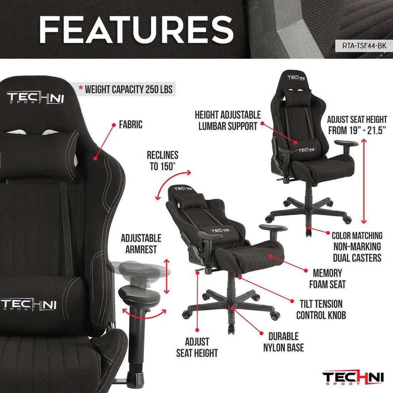 Alt view image 6 of 20 - Gaming Chair - Techni Sport TS-F44 - BLACK Fabric Ergonomic High Back Racer Style PC / Console Video Gaming / Study