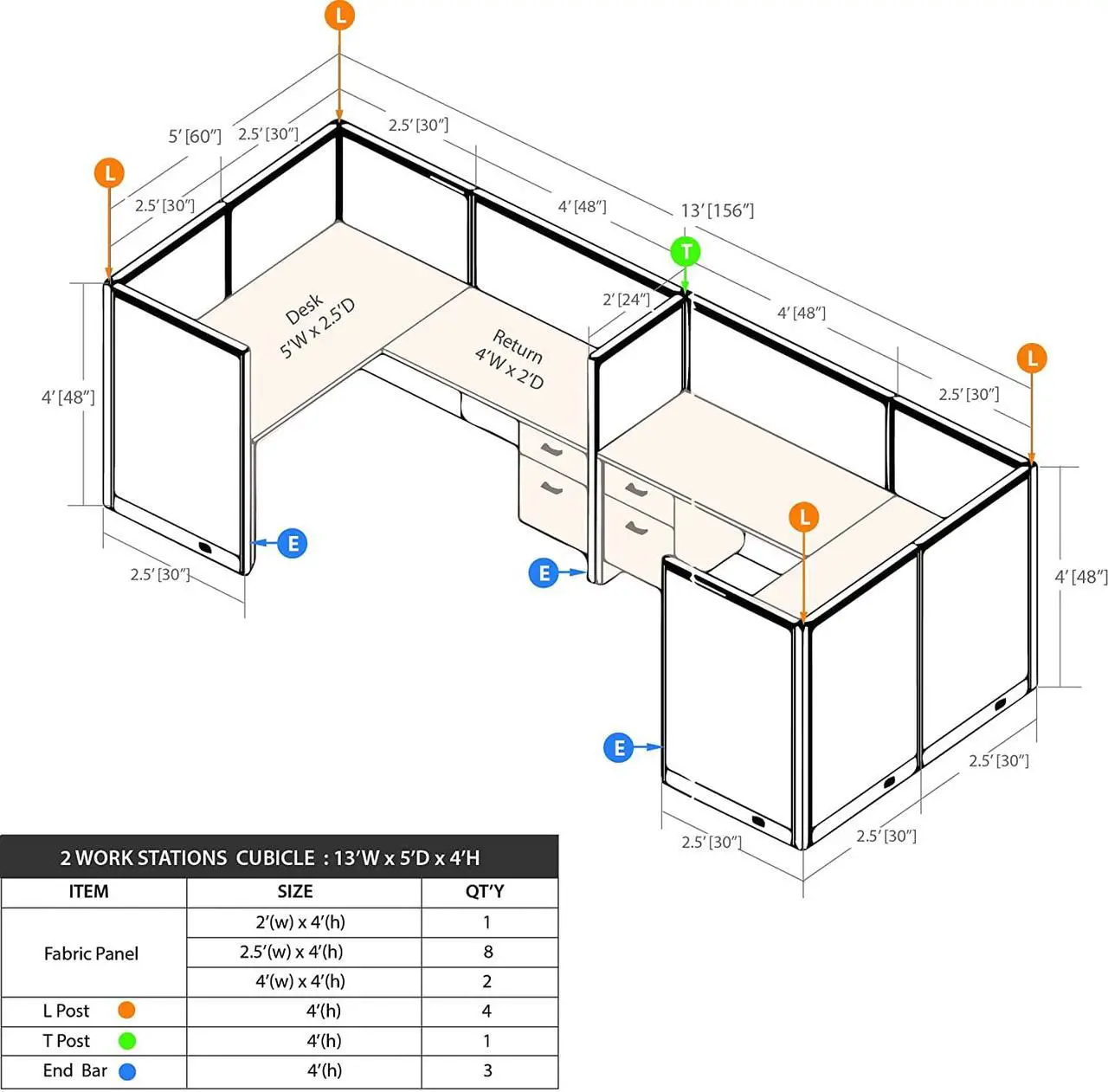 Alt view image 3 of 5 - GOF 2 Person Separate Workstation Cubicle (5'D x 13'W) / Office Partition, Room Divider