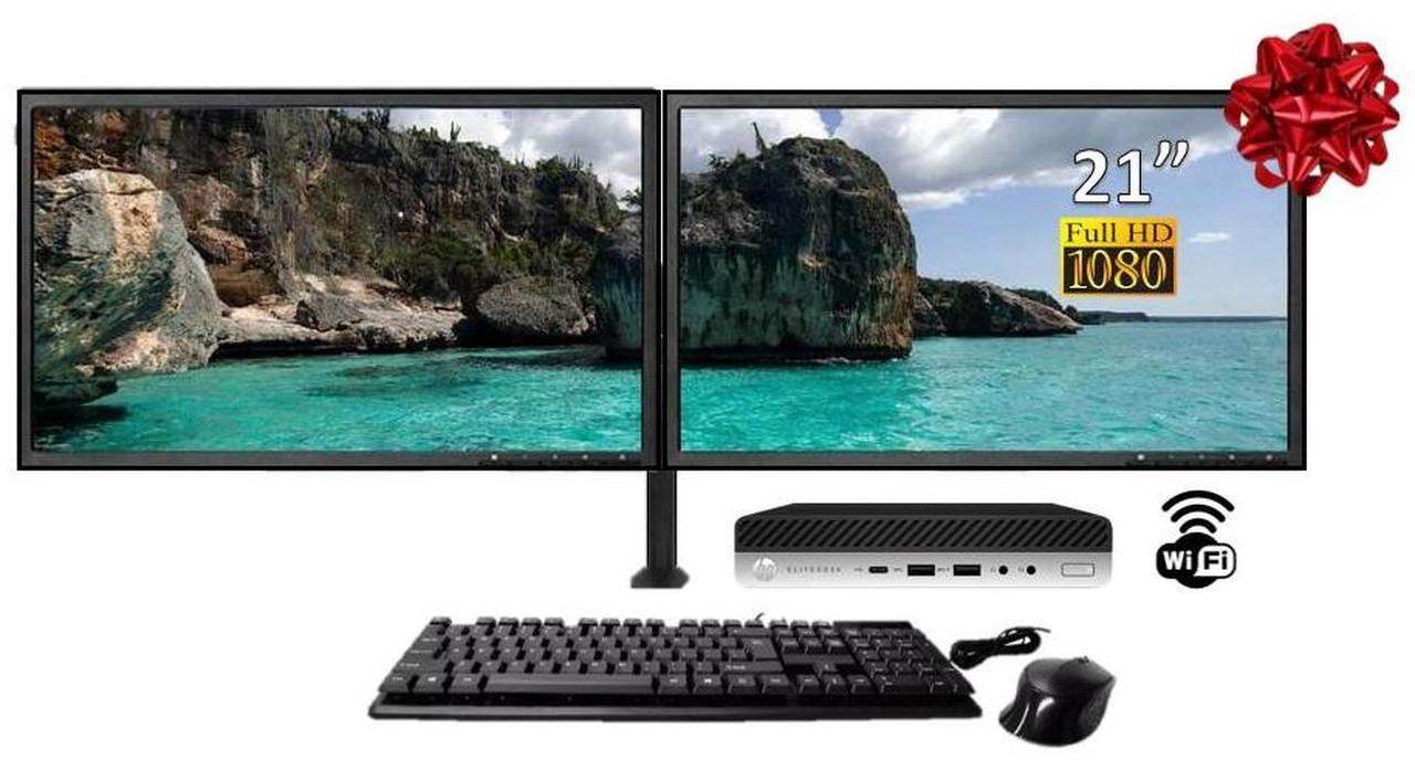 Main image of HP EliteDesk Mini Desktop Bundle Intel Core i5-8500T 2.1GHz, 16GB DDR4, 512GB SSD, WiFi, Windows 11 Pro Dual Monitor 21" LCD with Keyboard and Mouse