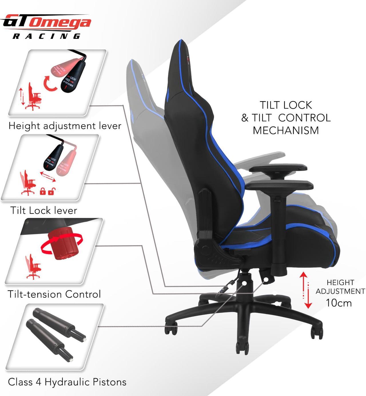 Alt view image 4 of 7 - GT Omega ELITE Racing Office Gaming Chair Black And Blue Leather