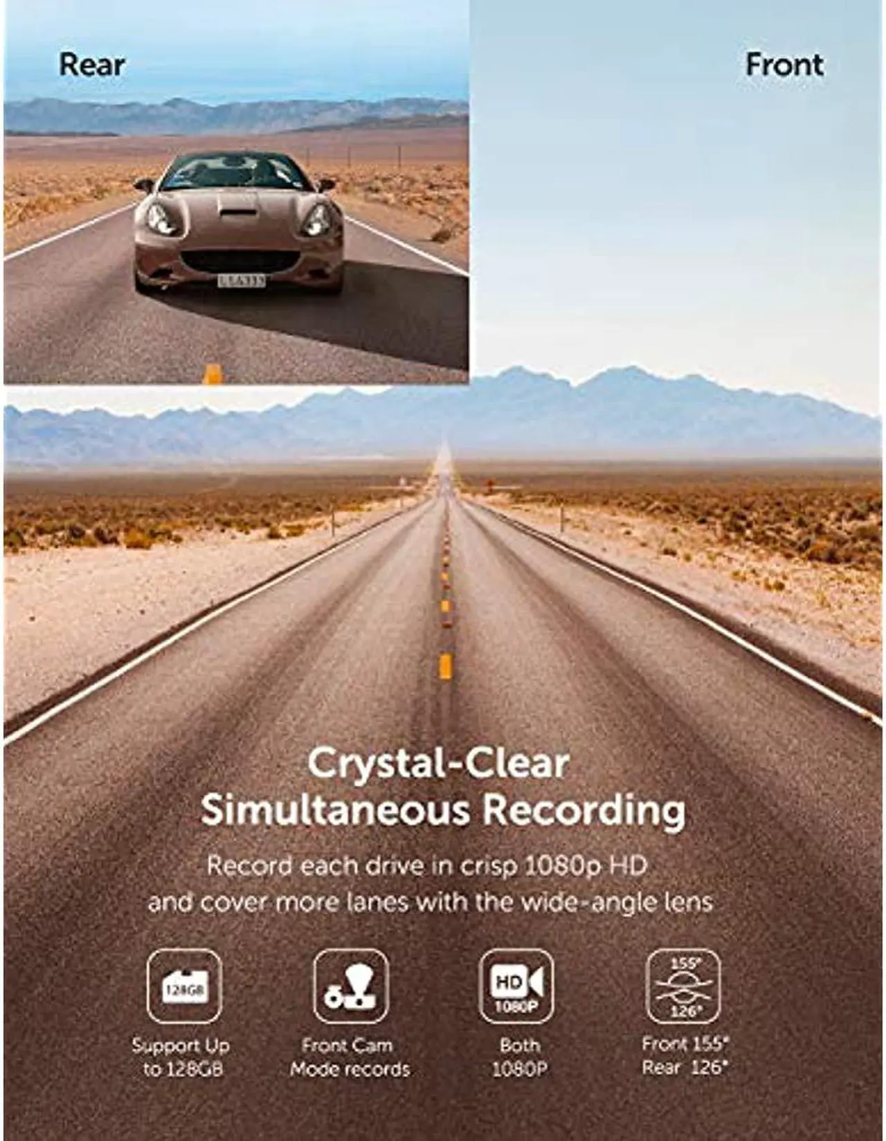 Alt view image 2 of 7 - VAVA VD002 Dual 1920x1080P FHD Dash Cam, 2560x1440P Single Front, 30fps - 60fps Clear HD Videos, Night Vision, 24hr Parking Mode, Built-In WiFi, G-Sensor, Loop Recording, Supports 128GB Max