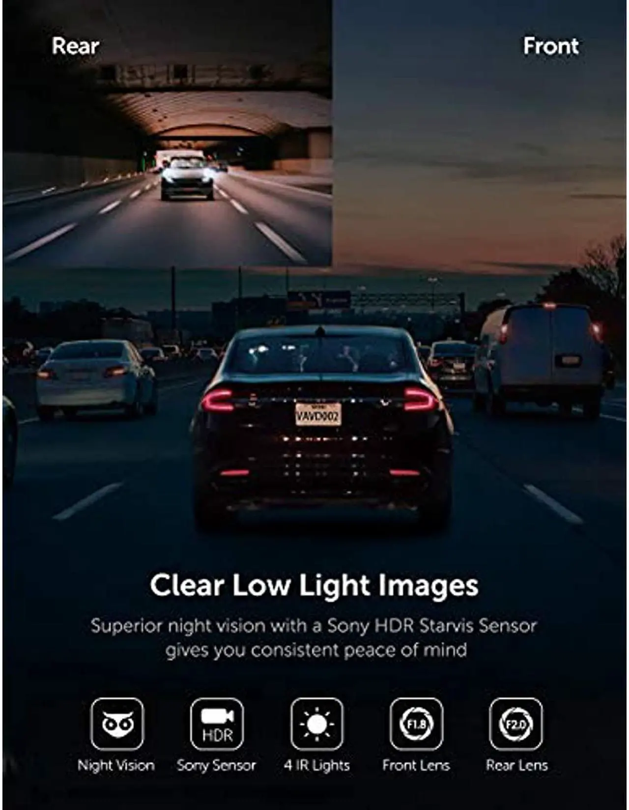 Alt view image 3 of 7 - VAVA VD002 Dual 1920x1080P FHD Dash Cam, 2560x1440P Single Front, 30fps - 60fps Clear HD Videos, Night Vision, 24hr Parking Mode, Built-In WiFi, G-Sensor, Loop Recording, Supports 128GB Max