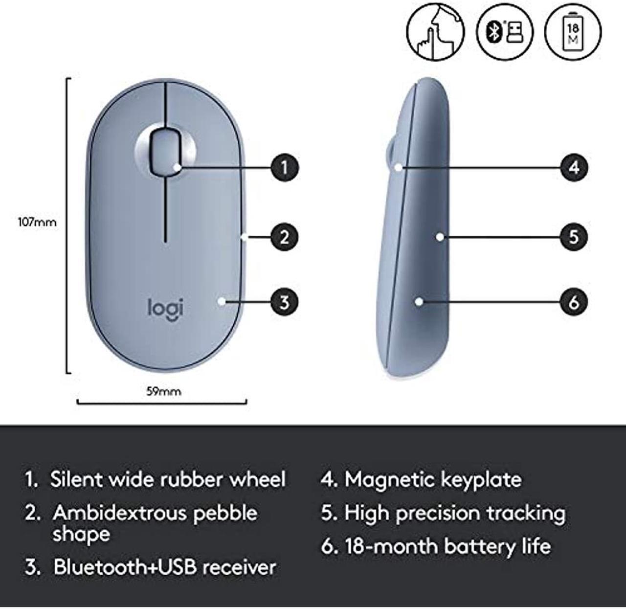 Alt view image 10 of 20 - Logitech PEBBLE M350 910-005773 Blue Grey 3 Buttons 1 x Wheel Dual (RF / Bluetooth Wireless) Optical Mouse