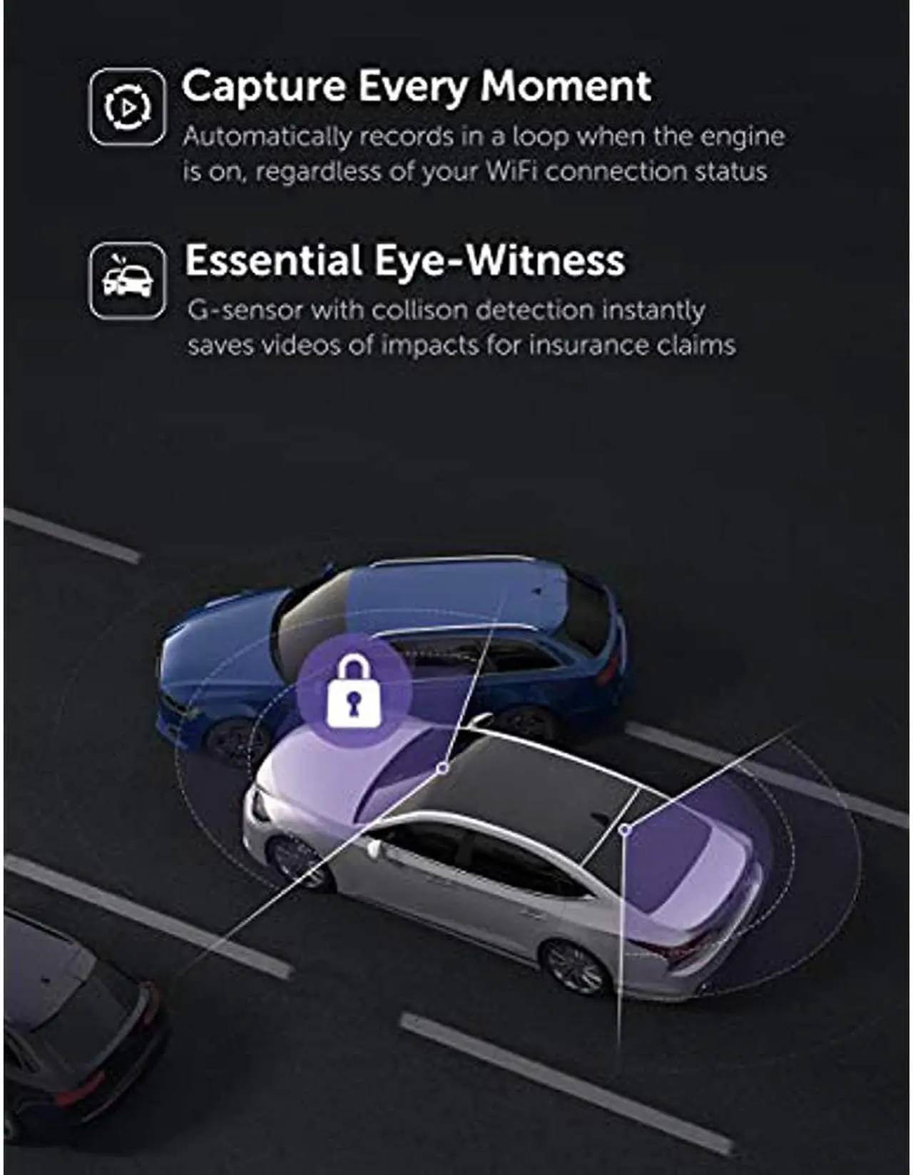 Alt view image 5 of 7 - VAVA VD002 Dual 1920x1080P FHD Dash Cam, 2560x1440P Single Front, 30fps - 60fps Clear HD Videos, Night Vision, 24hr Parking Mode, Built-In WiFi, G-Sensor, Loop Recording, Supports 128GB Max