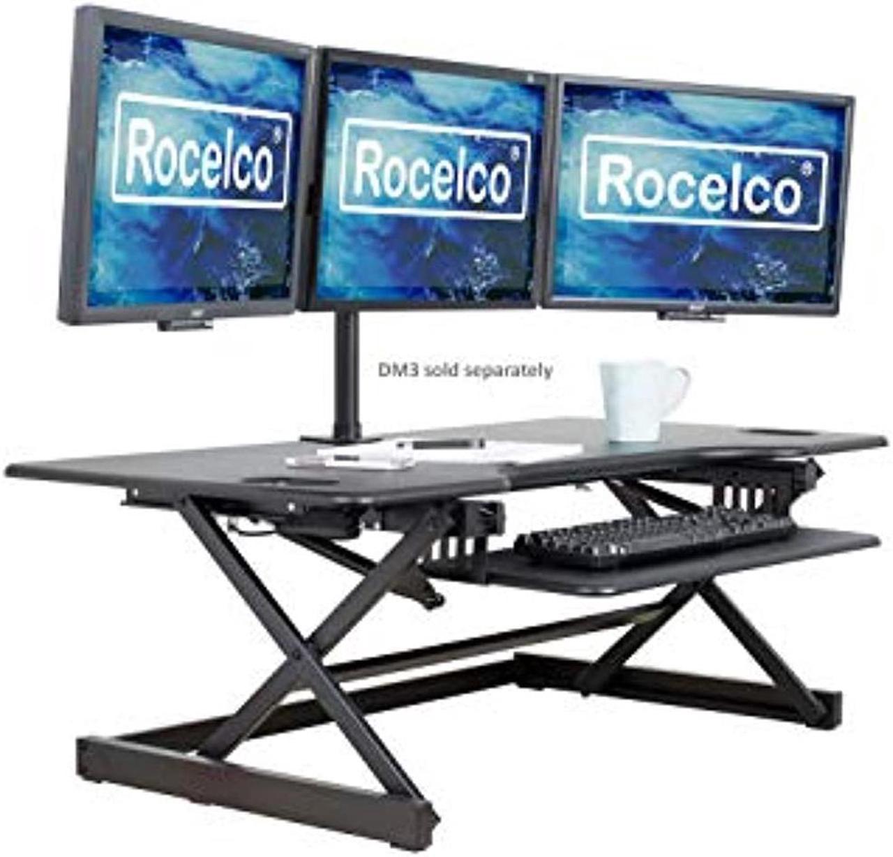 Rocelco 46" Large Height Adjustable Standing Desk Converter - Quick Sit Stand Up Triple Monitor Riser - Gas Spring Assist Computer Workstation - Retractable Keyboard Tray - Black (R DADRB-46)