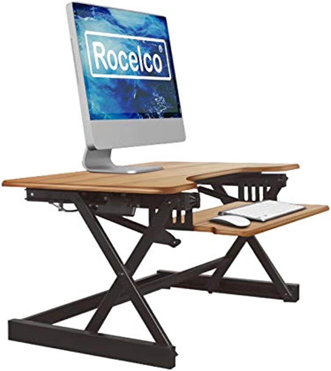 Rocelco 32" Height Adjustable Standing Desk Converter - Sit Stand Computer Workstation Riser - Dual Monitor Retractable Keyboard Tray Gas Spring Assist - Teak Wood Grain (R EADRT)