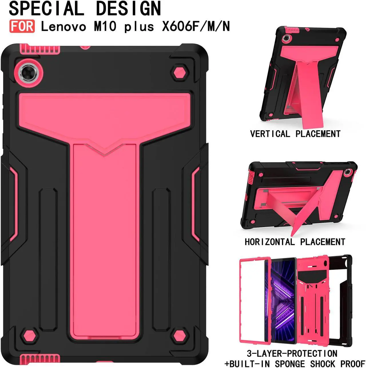 Alt view image 3 of 5 - Epicgadget Case for Lenovo Tab M10 FHD Plus 10.3" (TB-X606F / TB-X606X ) Hybrid Case Cover with Kickstand for Lenovo Smart Tab M10 FHD Plus (2nd Gen) 10.3 Inch FHD Android Tablet (Black/Pink)