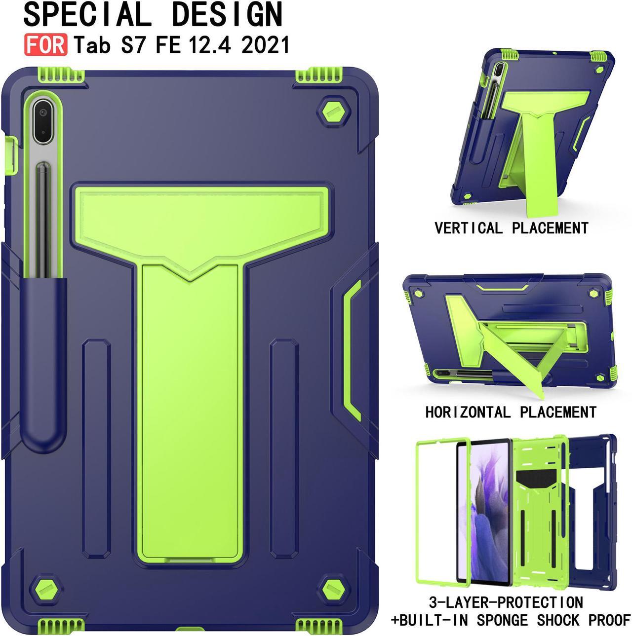 Alt view image 3 of 5 - Epicgadget Galaxy Tab S7 FE Case 12.4” with Kickstand and Pencil Holder Shockproof Rugged Hybrid Cover Case for Samsung Galaxy Tab S7 FE 2021 12.4 inch Tablet (SM-T730/T733/T736/T738) -Navy Blue/Green