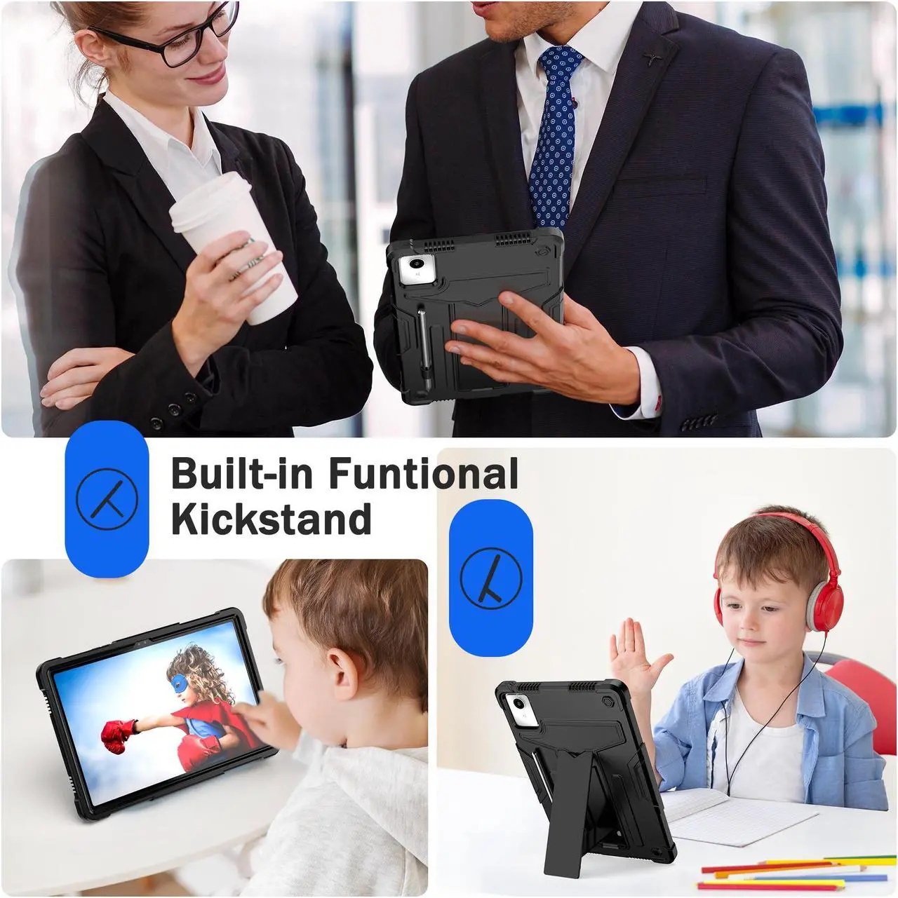 Alt view image 3 of 7 - Case for Lenovo Tab M11 11" Tablet - Lenovo Tab M11 Case with Kickstand Pen Holder Kids Drop Protection Hybrid Shockproof Rugged 3-Layer Protective Cover for Lenovo M11 11 inch (Black/Black)