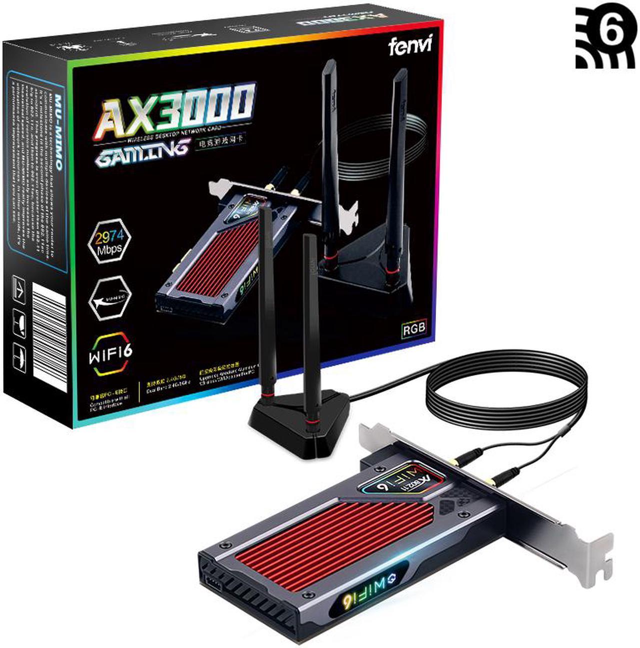 Fenvi WiFi 6 AX3000 PCIe WiFi Card (FV-AX3000RGB), Up to 2400Mbps, Bluetooth 5.1, 802.11AX Dual Band Wireless Adapter with MU-MIMO,OFDMA,Ultra-Low Latency, Supports Windows 10 (64bit),RGB Lighting