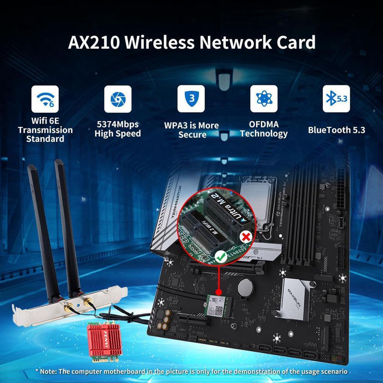 Alt view image 4 of 7 - Fenvi FV-AXE5400NG Wi-Fi 6E AX210 M.2 Desktop Kit 5400Mbps Wireless Adapter Bluetooth 5.3 Tri-Band 2.4G/5Ghz/6Ghz M.2 2230 Key E With WiFi 6E Intel AX210NGW 802.11ax/ac MU-MIMO WPA3 For Windows 10/11