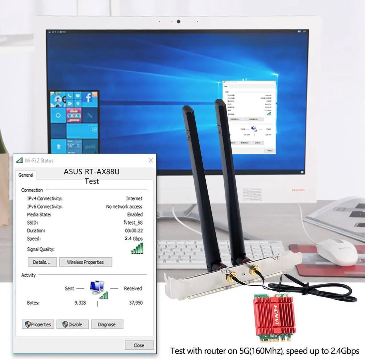 Alt view image 5 of 7 - Fenvi FV-AXE5400NG Wi-Fi 6E AX210 M.2 Desktop Kit 5400Mbps Wireless Adapter Bluetooth 5.3 Tri-Band 2.4G/5Ghz/6Ghz M.2 2230 Key E With WiFi 6E Intel AX210NGW 802.11ax/ac MU-MIMO WPA3 For Windows 10/11