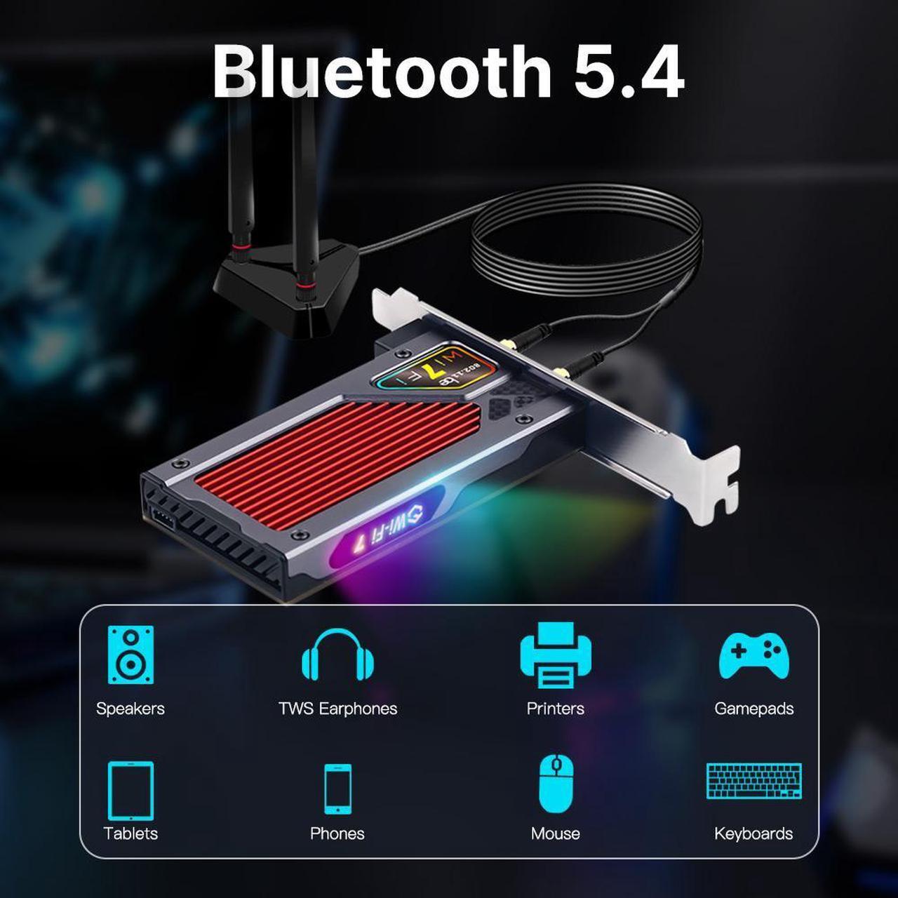Alt view image 5 of 7 - Fenvi WiFi 7 8774Mbps PCIe Wi-Fi Card with Bluetooth 5.4, 802.11be Tri-Bands(6GHz/5G/2.4G) Wireless Adapter, RGB Lighting, Supports Win 10/11(64bit),WPA3 Network Security,Not Support AMD