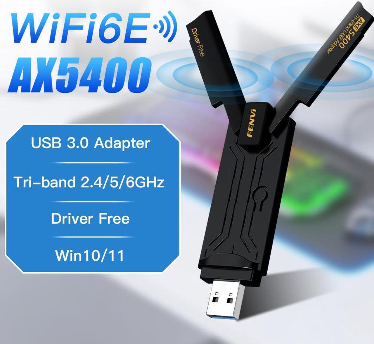 Fenvi WiFi 6E 5400Mbps USB 3.0 Adapter FU-AXE5400 WiFi6E USB Adapter for Desktop PC Tri-Band Wireless Gigabit Speed New 6GHz Band High Gain Antenna, WPA3, Supports Windows 11/10