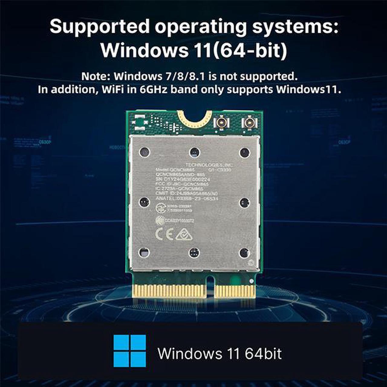 Alt view image 5 of 7 - fenvi WiFi 7 QCNCM865 Wireless Card for Qualcomm Bluetooth 5.3 M.2 NGFF Network Card Tri Band 2.4G/5GHz/6GHz with IPEX4 Antenna up to 5.8Gbps Only for Windows 11 Better than Wifi 6E