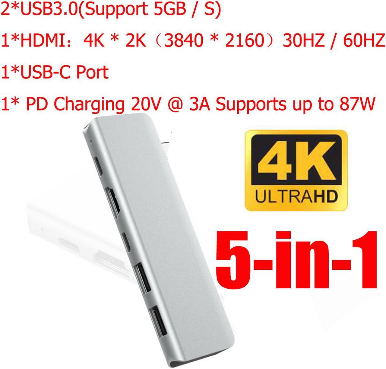 Type C Hub, USB C Hub, ESTONE 5 in 1 Adapter with 2*Port USB 3.0(Support 5GB / S)  + 1*USB-C + 1*4K HDMI + 1* PD Charging Port Supports up to 87W Compatible for Mac Pro and Other Type C Device