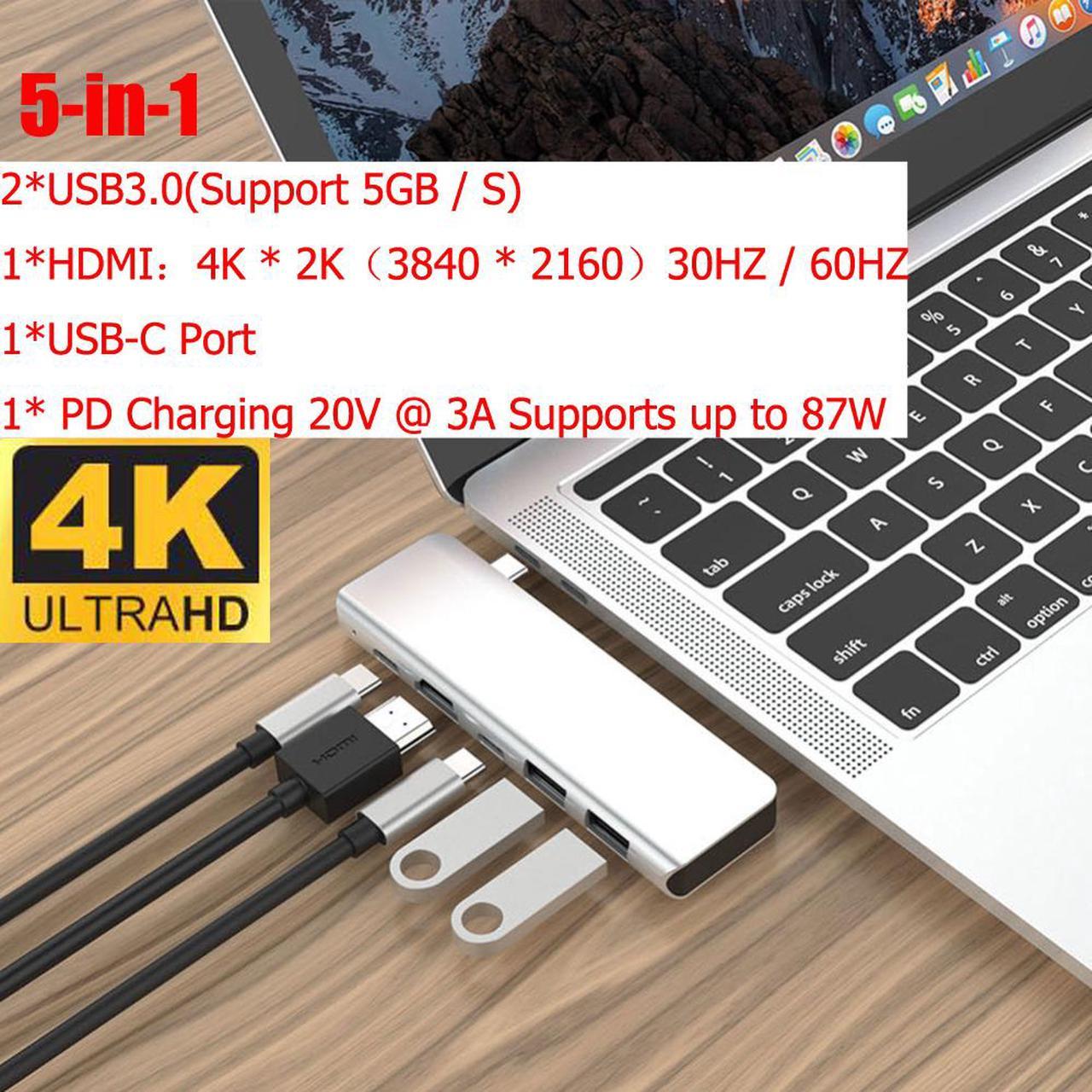 ESTONE USB C Hub Adapter, 5 in 1 Multiport Adapter with 4K Type C Hub to HDMI, 2 USB 3.0 Ports, 1*USB-C Ports and USB-C PD Charging for MacBook, Mac Pro, Mac Mini, iMac, Surface Pro, XPS, PC Mobile HD