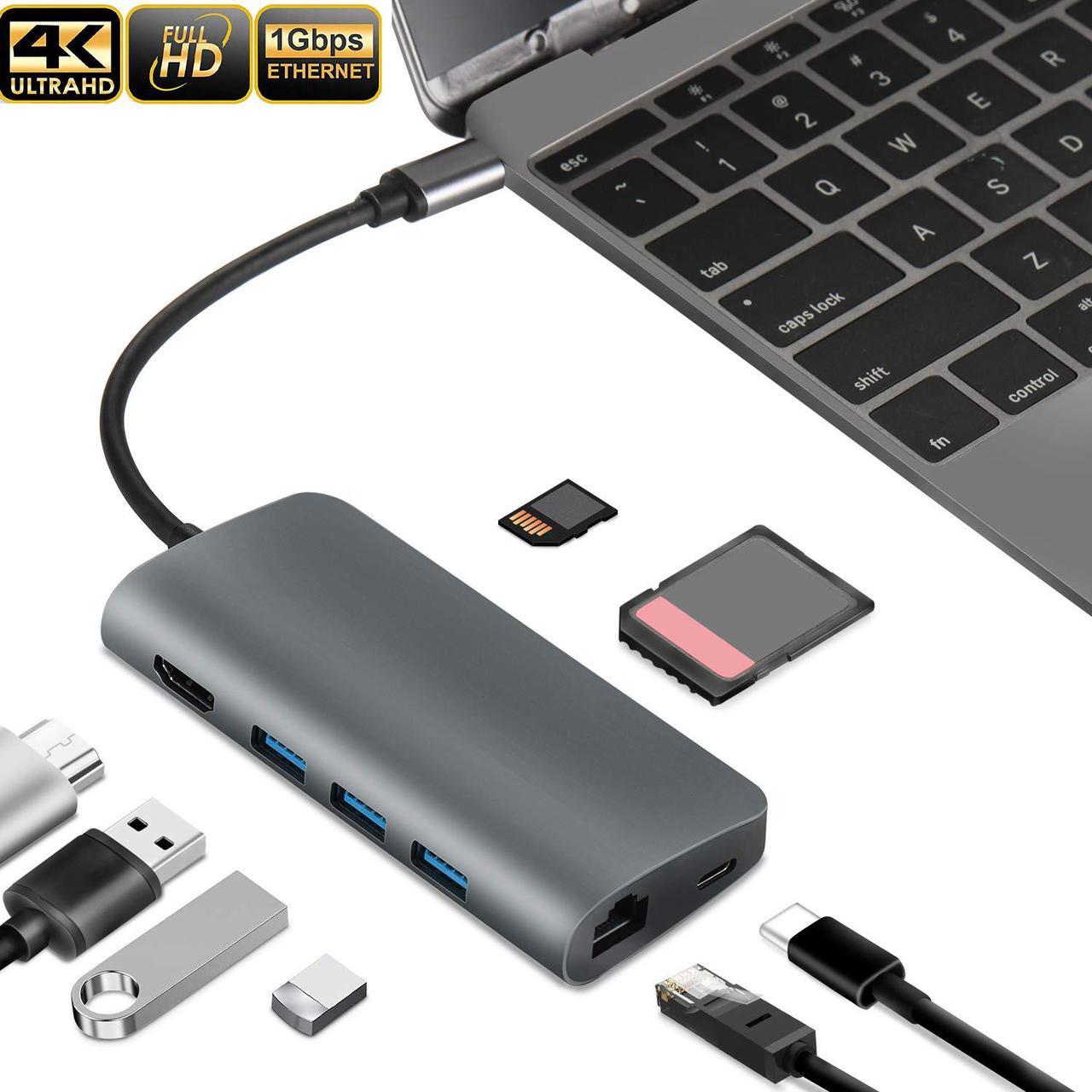 USB C Hub,ESTONE Type C Hub,  8-in-1 Adapter with Gigabit Ethernet, PD 3.0 Charging Port, 4K USB C to HDMI, 3 USB3.0, SD/TF Card Reader Compatible with MacBook/Pro/Air/IMAC and More Type C Devices