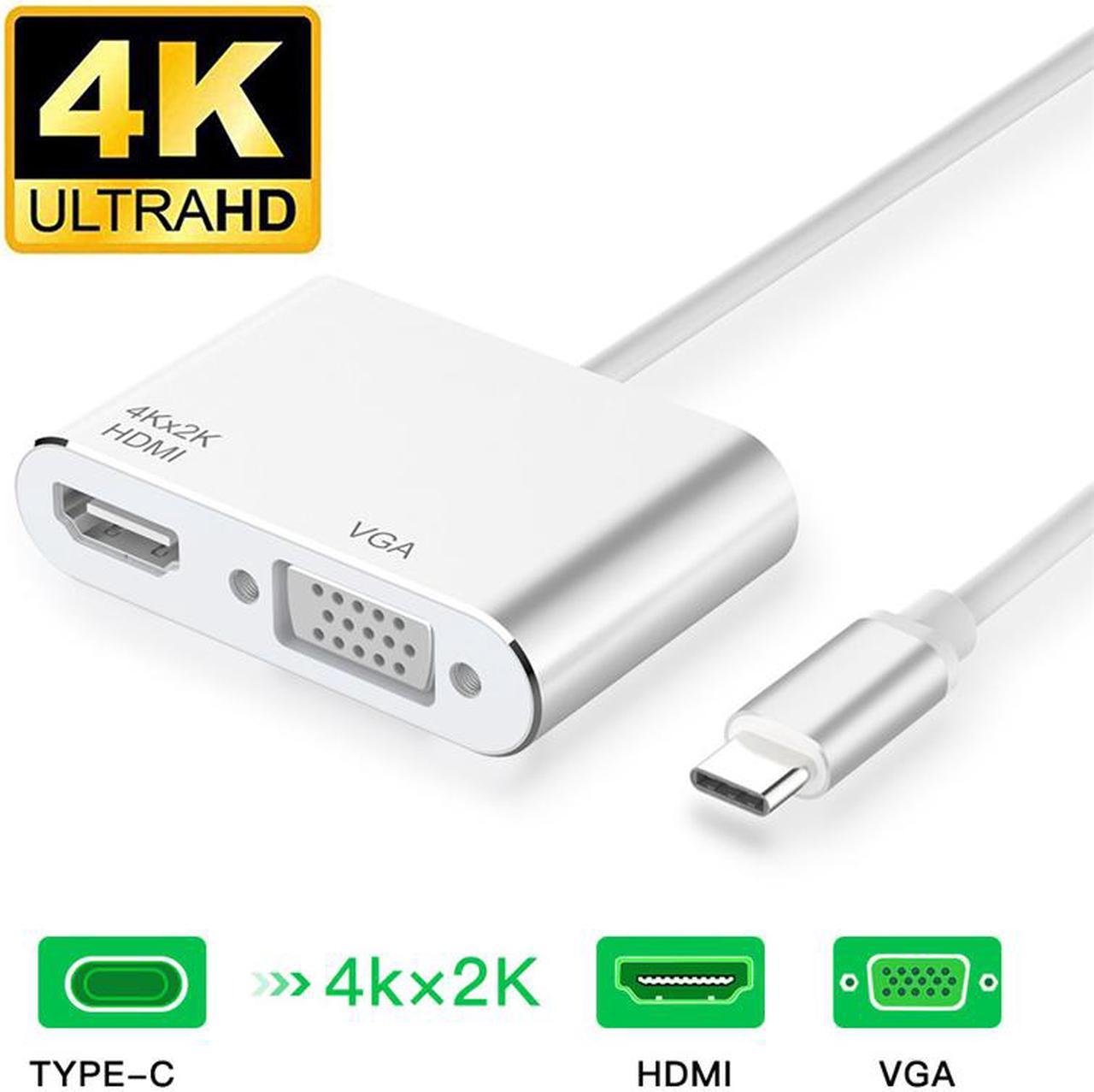 USB C to HDMI + VGA, ESTONE Type C to Dual VGA HDMI Splitter (Thunderbolt 3 Compatible) Adapter, Compatible with XPS 13, MacBook Pro 2019, iPad Pro 2019, Yoga 910,Surface Go, Chromebook Pixel-Silver