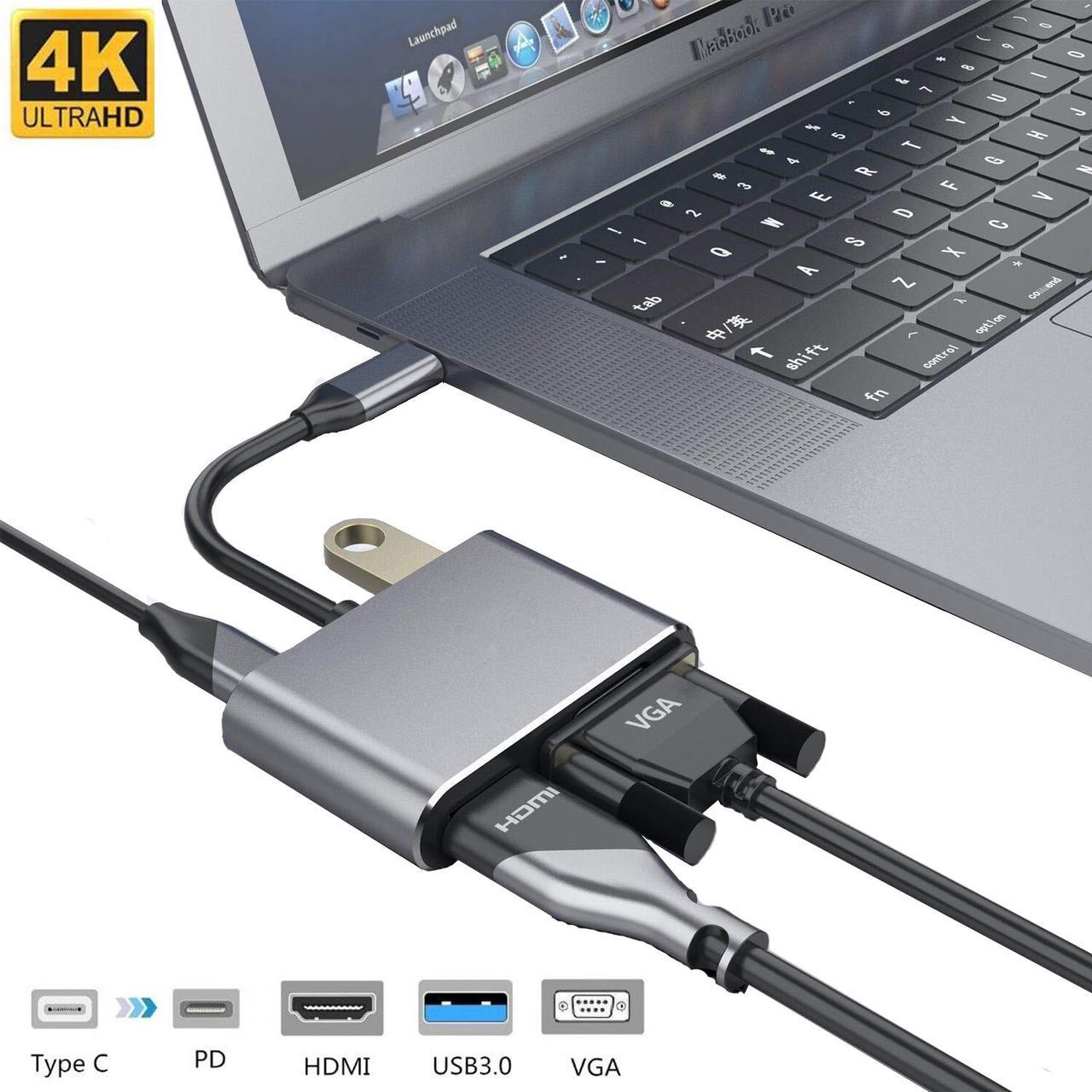 Type C Hub USB C Docking Station Type C to HDMI USB3.0 VGA PD Adapter for MacBook Samsung Huawei Type C Converter 4 in 1 USB C Converter Adapter-Gray