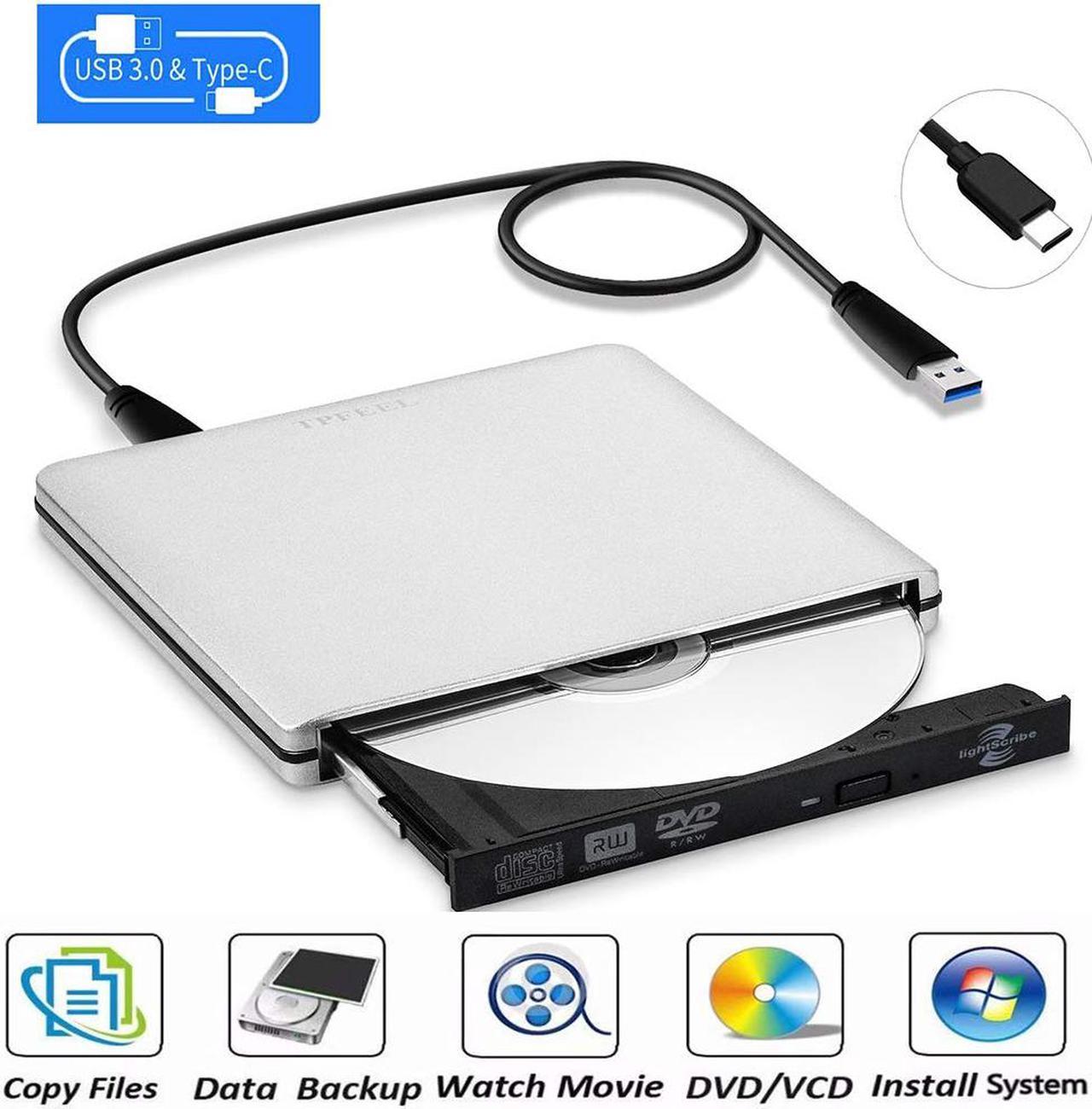 External DVD Drive,ESTONE USB 3.0 Type C Slim Aluminum Portable CD DVD +/-RW Optical Drive Burner Writer Player for Windows 10 8 7 Laptop Computer Mac MacBook Pro Air iMac, Silver