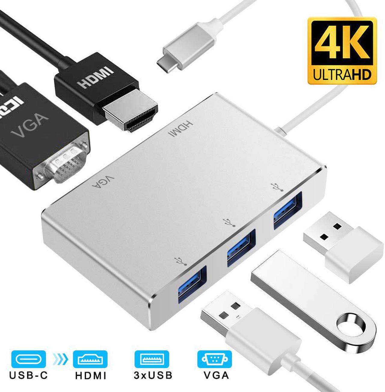 USB C to 4K HDMI VGA Adapter, ESTONE 5-in-1 Hub 4K HDMI, 1080P VGA,3*USB 3.0,2 Screens Same Display Compatible for MacBook Pro/Dell XPS/Samsung Galaxy