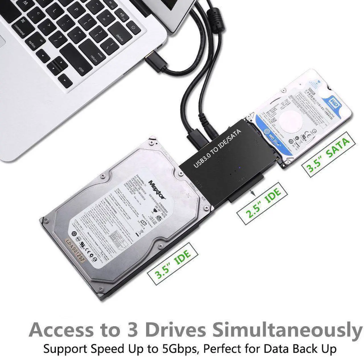 Alt view image 4 of 7 - ESTONE External USB 3.0 to IDE/SATA Converter Hard Drive Adapter for 2.5"/3.5" SATA HDD/SSD; 2.5"/3.5" IDE HDD; DVD-ROM, CD-ROM, CD-RW, DVD-RW, DVD+RW, 12V 2A Power Adapter included