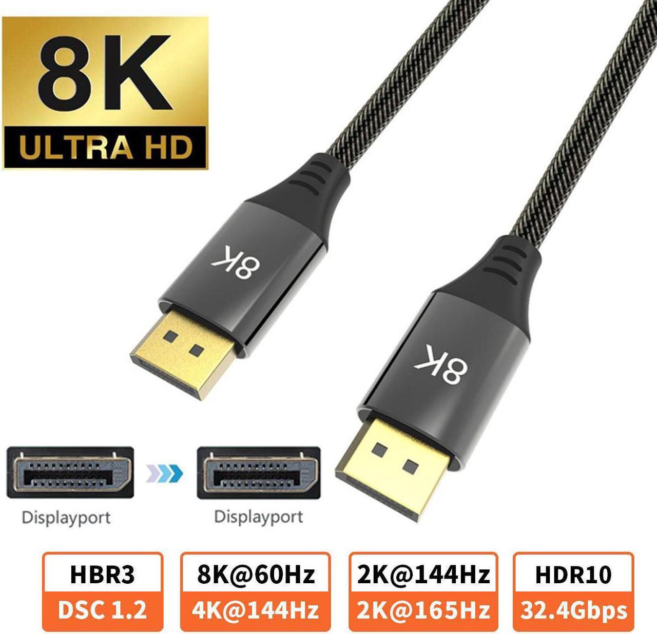 8K DisplayPort Cable, Ultra HD Gold-Plated DisplayPort 1.4 Male to Male Nylon Braided Cable, Support 7680x4320 Resolution, 8K@60Hz, 4K@144Hz, 32.4Gbps - Male to Male DP Video Monitor Cable (16.4FT)