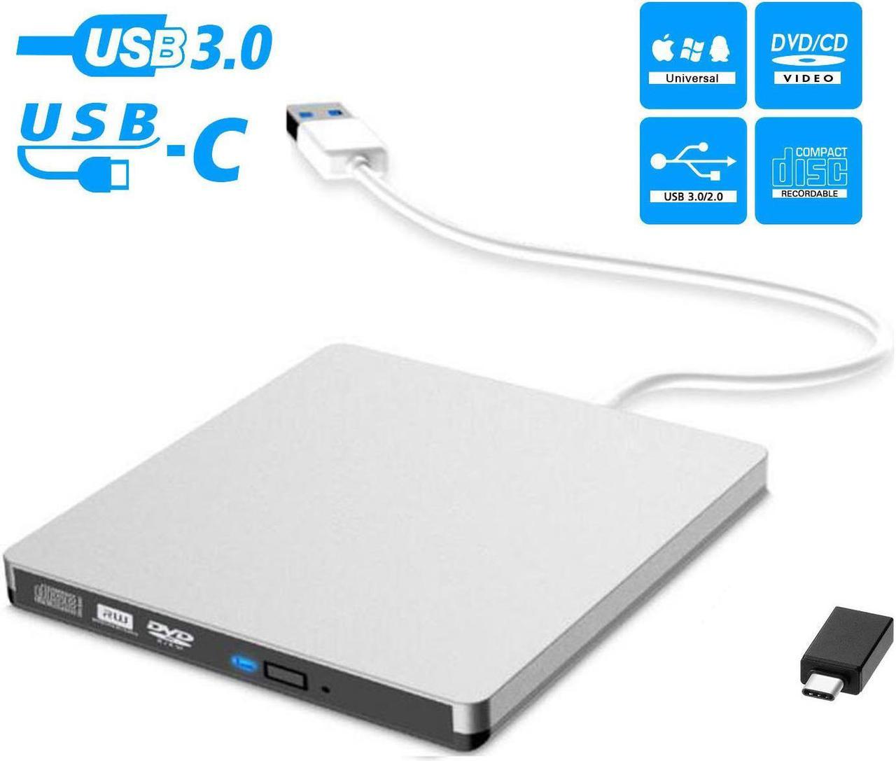 External CD/DVD Drive USB 3.0/Type C Portable High Speed Data Transfer CD/DVD-RW Drive/Writer/Rewriter/Player for MacBook Pro Laptop/Desktops Win 7/8.1/10 and Linux OS (Silver)