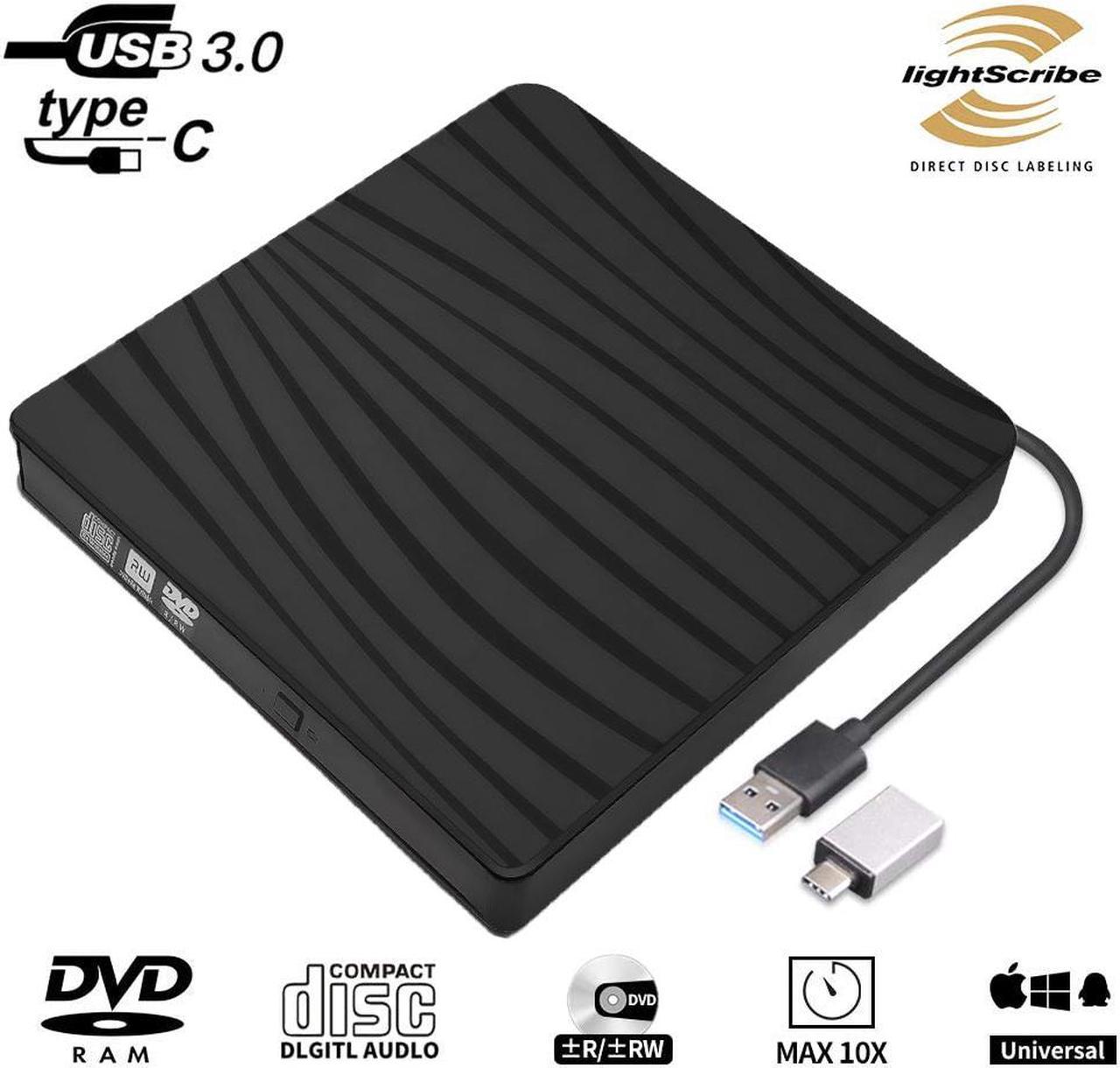 External DVD Drive, Portable USB 3.0 Type-C CD/DVD Rewriter Burner Drive for Laptop Desktop PC Computer Windows Linux OS Apple Mac MacBook Pro Air iMac - High Speed Data Transfer, Black