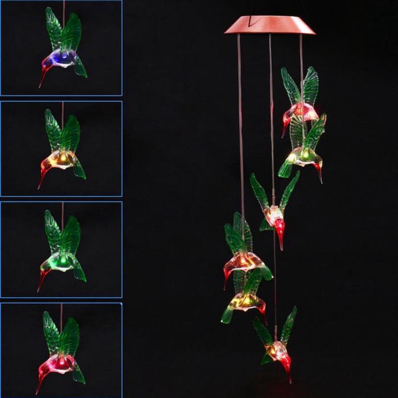 Alt view image 3 of 7 - Changing Color Solar Powered Waterproof Solar Wind Chime Wind Moblie LED Light, Spiral Spinner Windchime Portable Outdoor Chime for Patio, Deck, Yard, Garden, Home-Six Hummingbirds