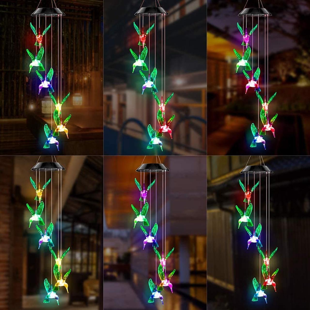 Alt view image 6 of 7 - Changing Color Solar Powered Waterproof Solar Wind Chime Wind Moblie LED Light, Spiral Spinner Windchime Portable Outdoor Chime for Patio, Deck, Yard, Garden, Home-Six Hummingbirds