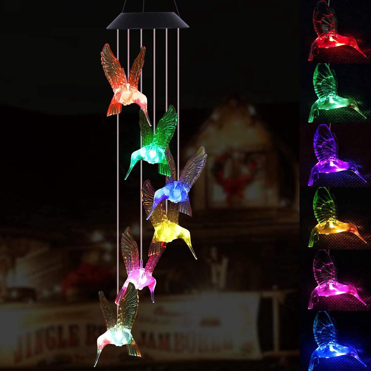 Main image of Changing Color Solar Powered Waterproof Solar Wind Chime Wind Moblie LED Light, Spiral Spinner Windchime Portable Outdoor Chime for Patio, Deck, Yard, Garden, Home-Six Hummingbirds