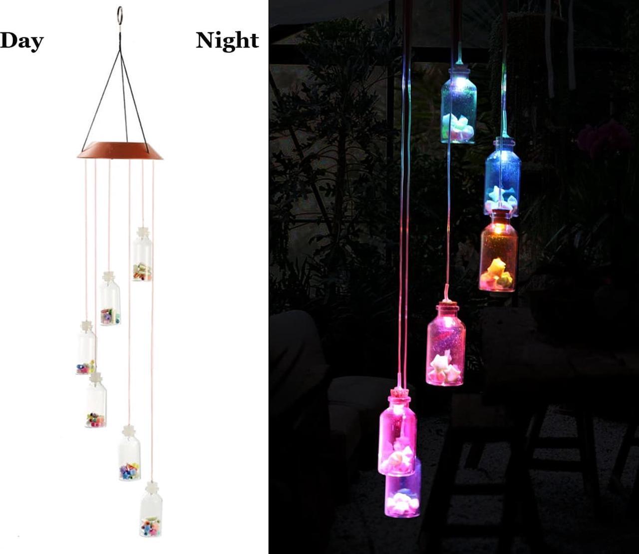 Alt view image 7 of 7 - Color Changing Six Lucky Star Bottles Wind Chime Outdoor, Solar Powered Crystal Ball Wind Chimes LED Wind Mobile Solar Lights Wind Bell for Garden Patio Home Decoration (Lucky Star Bottles)