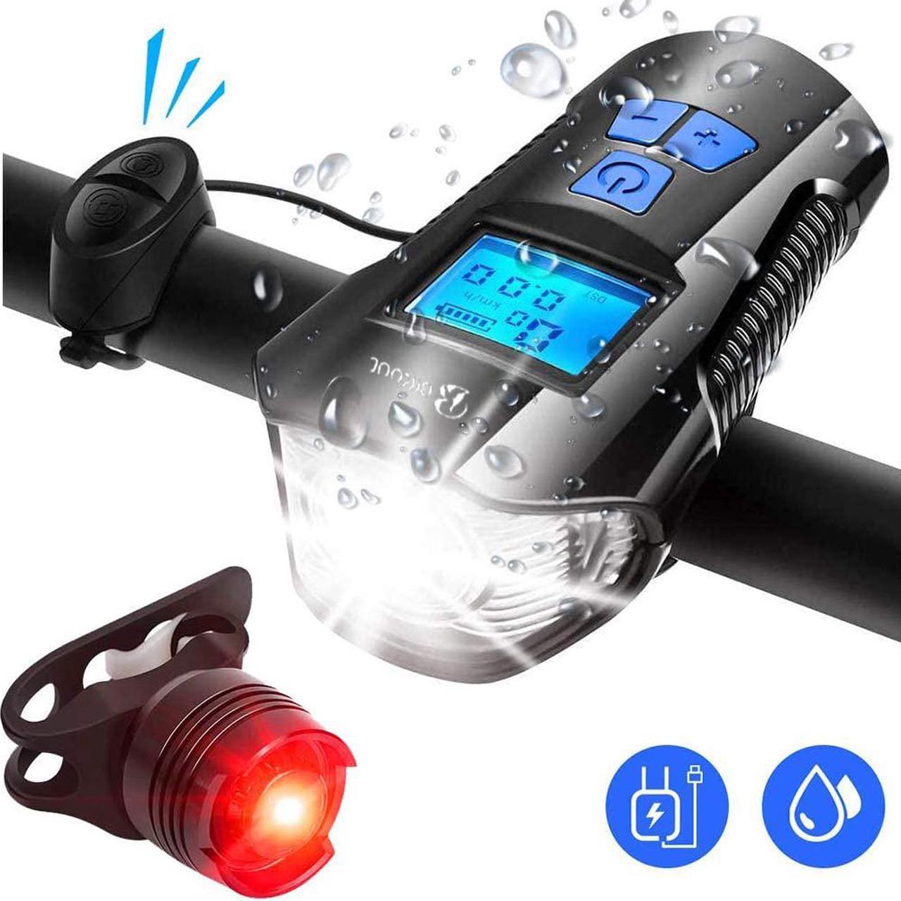 LED Bike Light USB Rear Bicycle Light with LCD Speedometer Odometer Rechargeable Bike Tail Light and Front Light Set Cycle Headlight with Bicycle Fits All Mountain & Road Bike